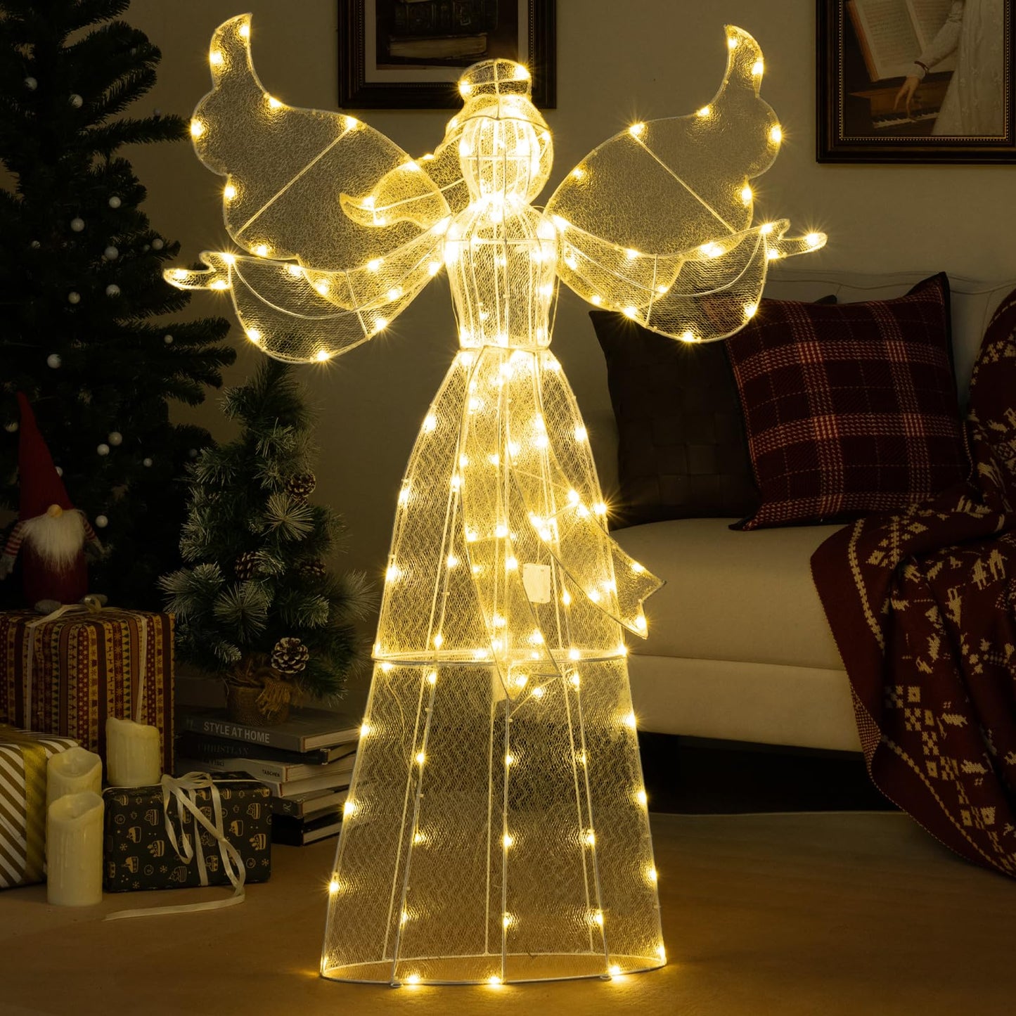 Outdoor Decorative Angel with Halo and 148 Warm White LED Lights