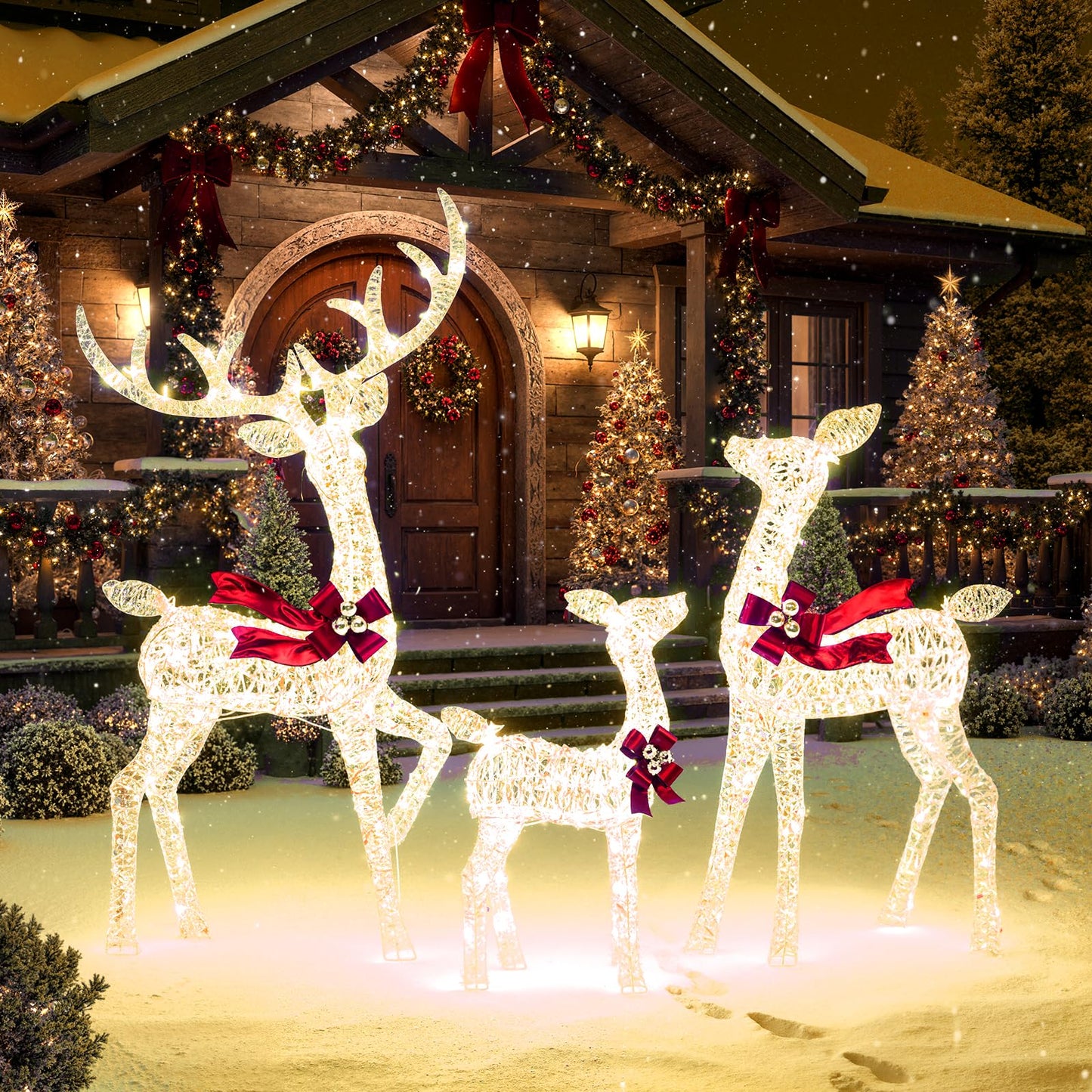 3-Piece Christmas Lighted Iridescent Reindeer Family Set Pre-lit Xmas Deer Family