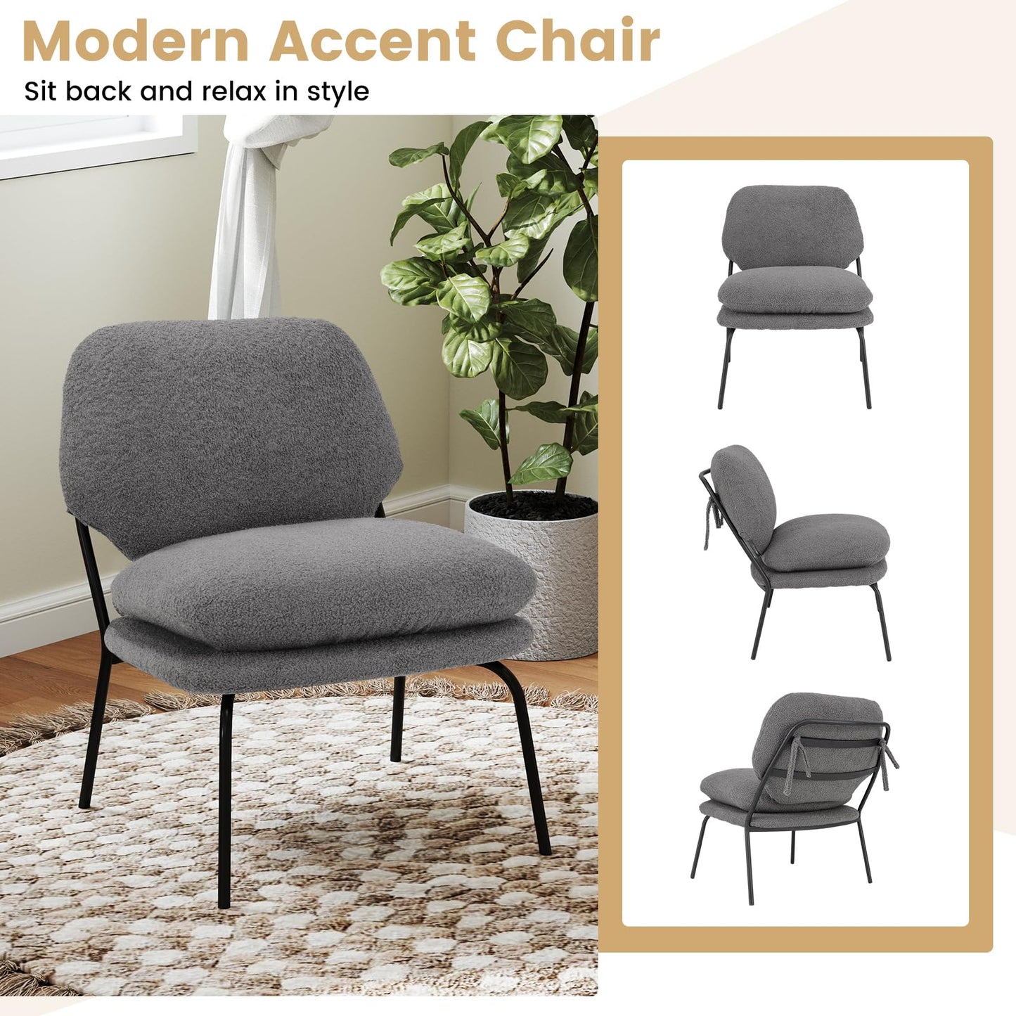 Armless Accent Chair Teddy Fleece Fabric Upholstered Leisure Chair
