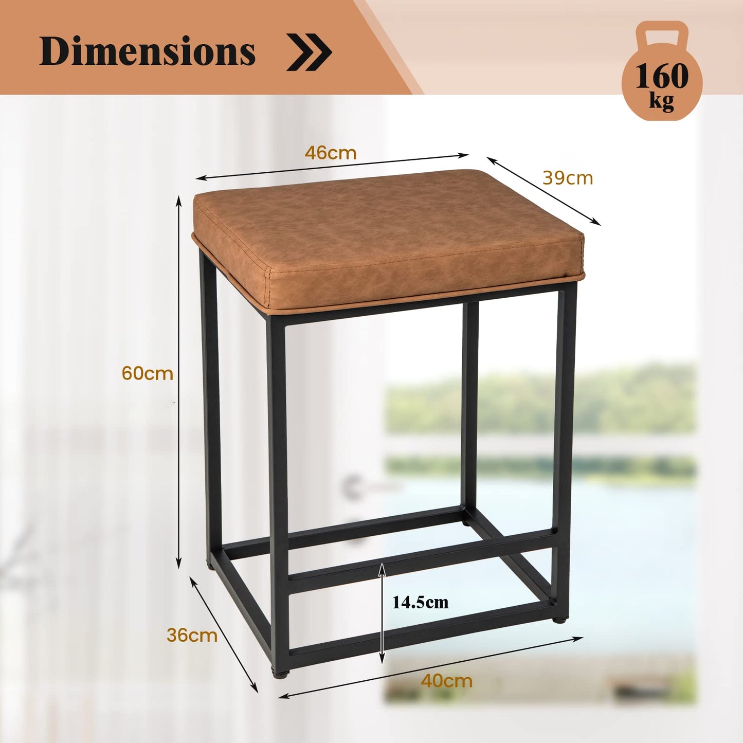 Bar Stools Set of 2 with PVC Leather Cushion