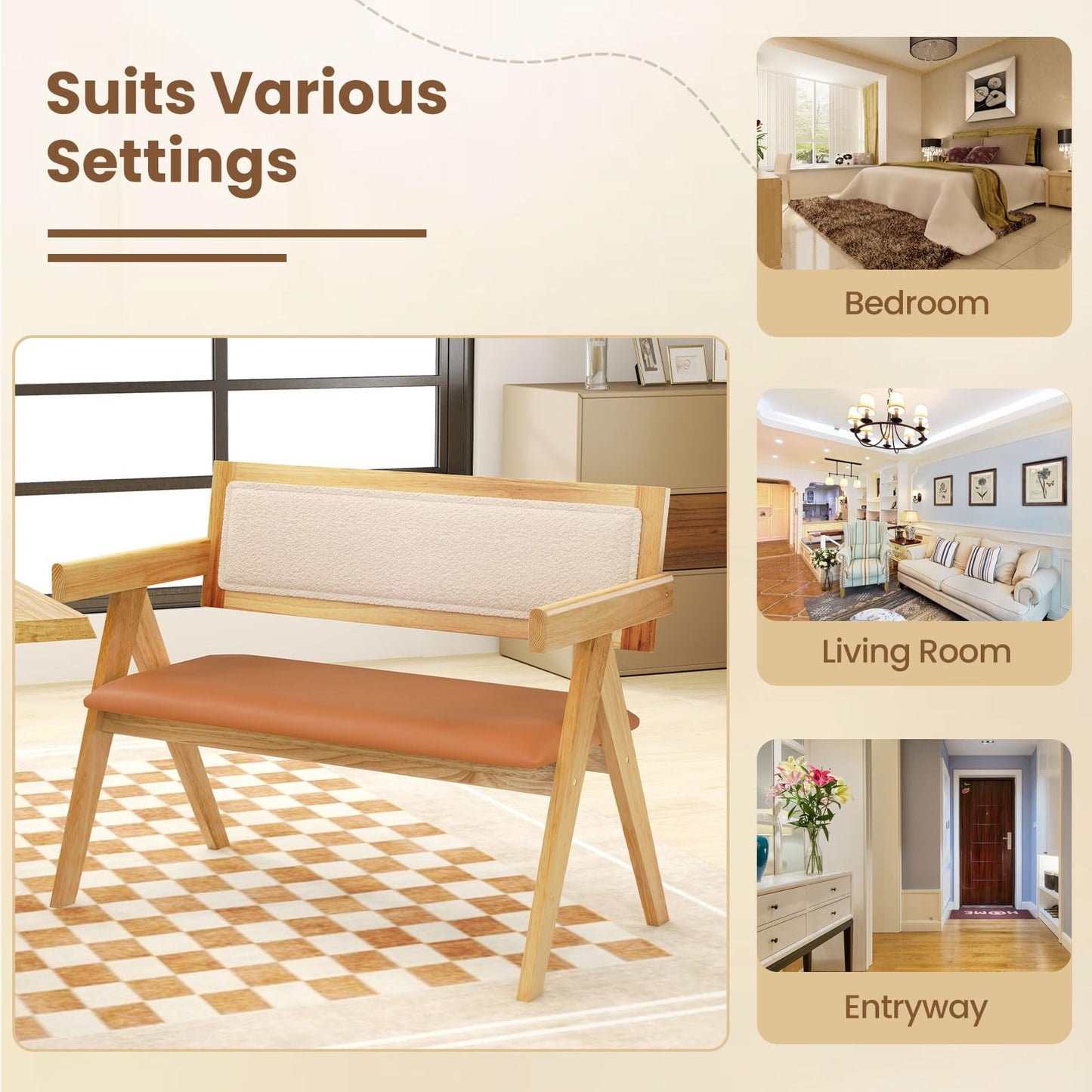 Rubber Wood Dining Bench with Armrest and Sherpa Upholstered Backrest