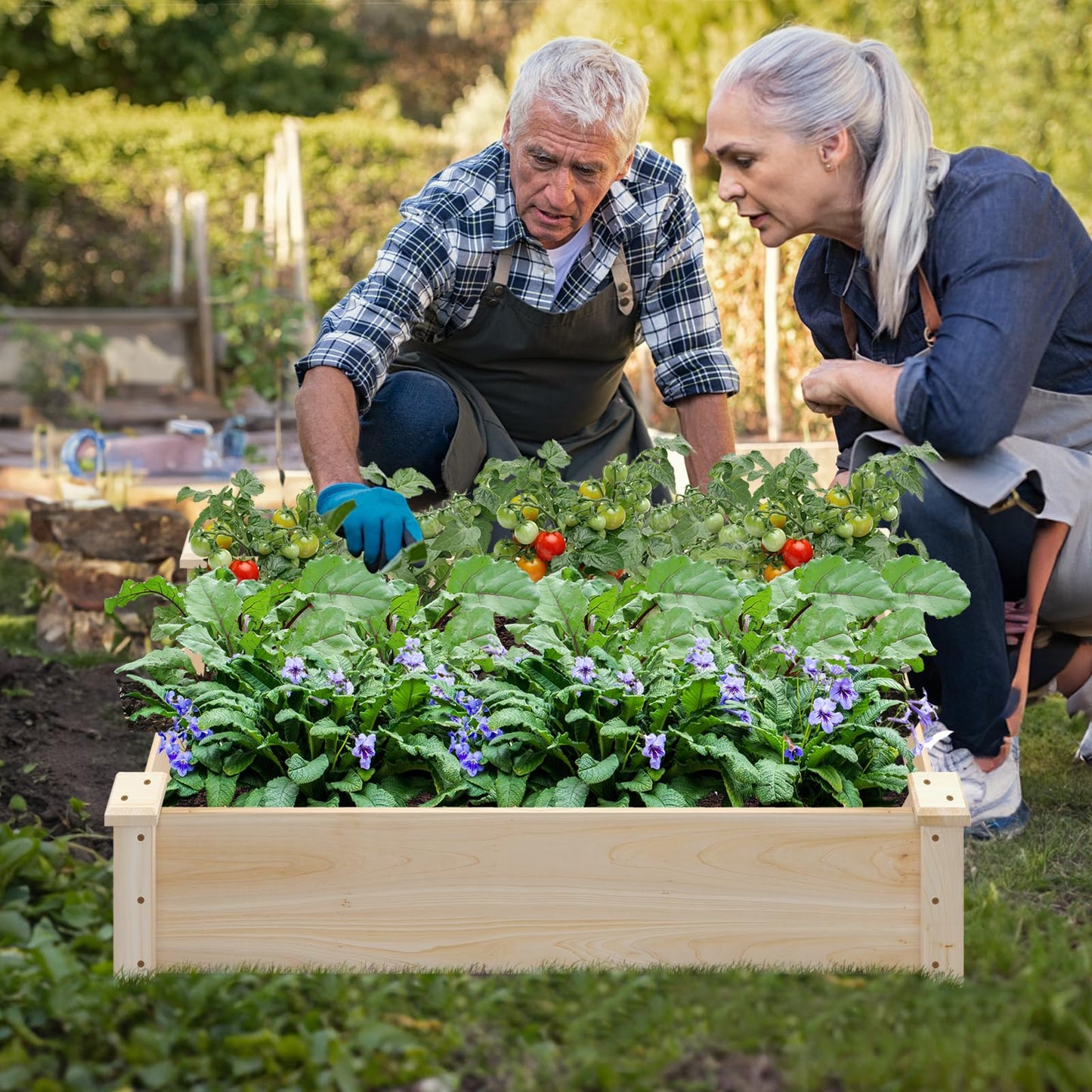 Rectangular Wooden Elevated Planter Box with Open Bottom