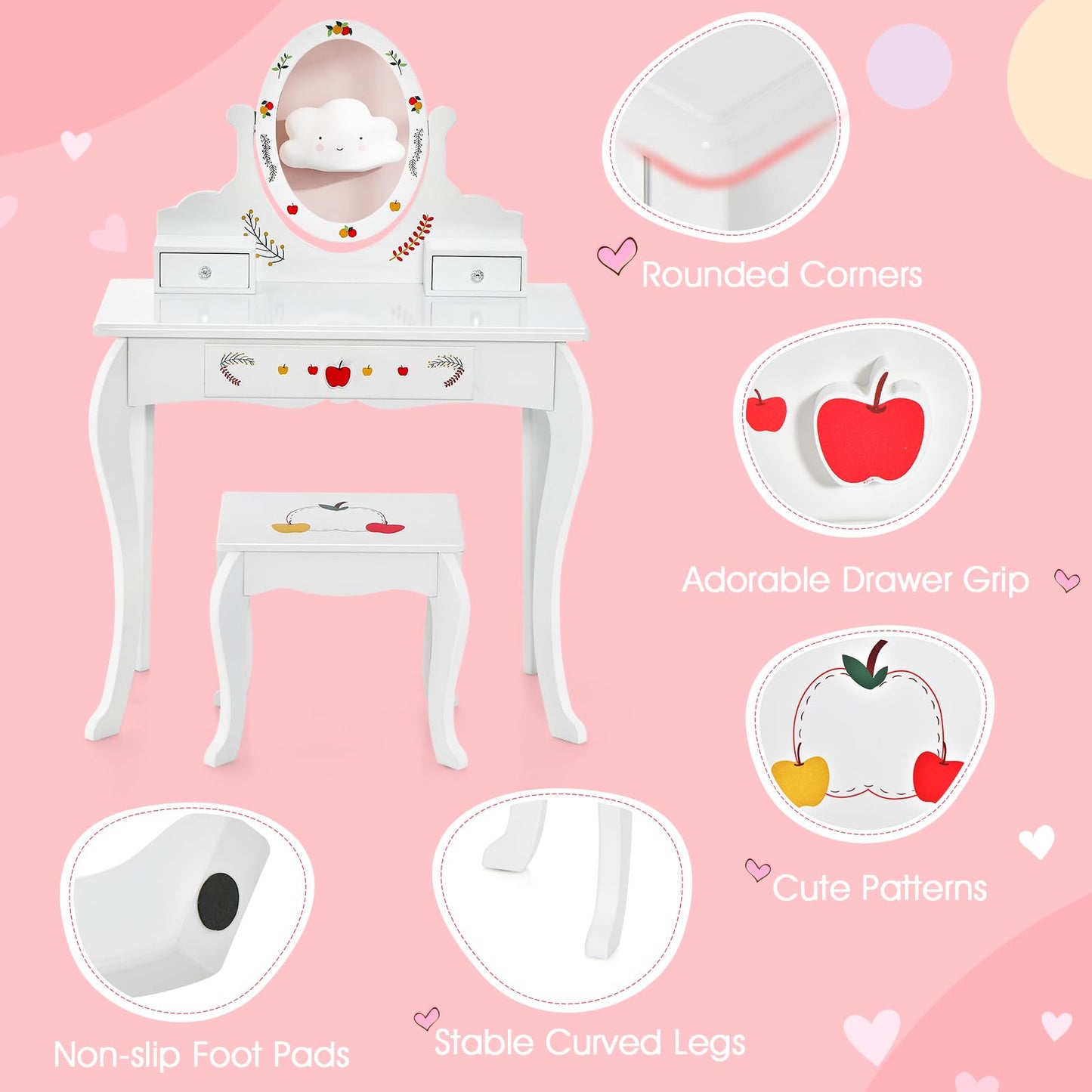 Princess Pretend Play Kids Vanity Set with 360° Rotating Mirror