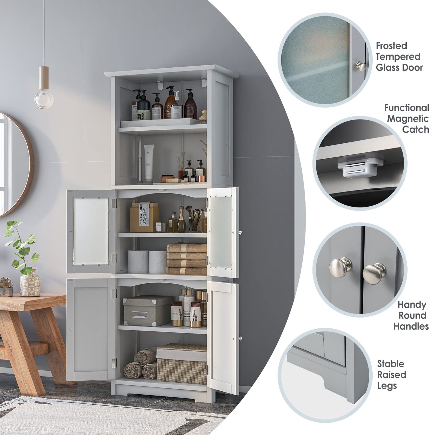 Freestanding Storage Cabinet with Tempered Glass Door and Open Shelves