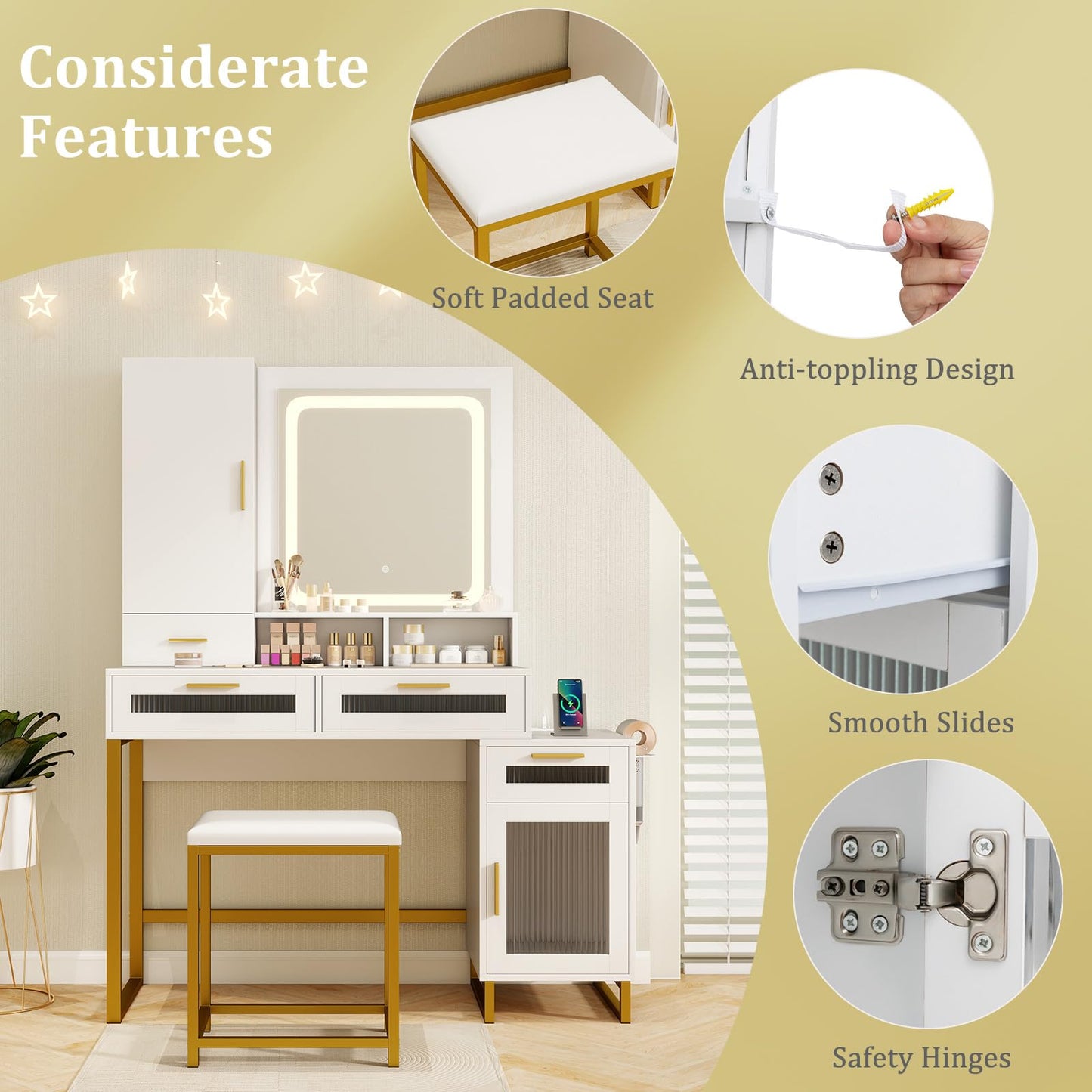 Dressing Table and Chair Set with 3 Lighting Modes and Adjustable Brightness