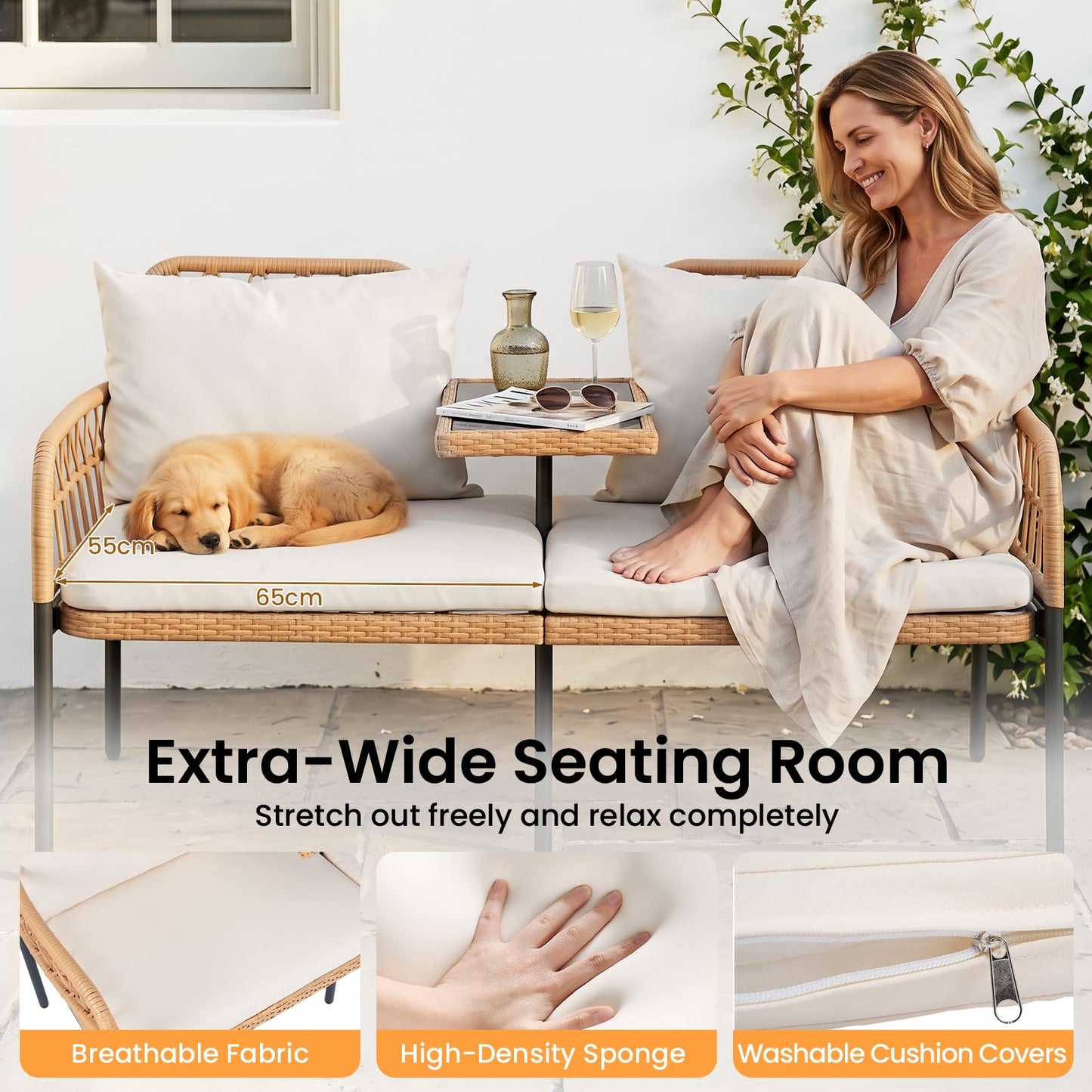 Rattan Jack and Jill Seat with Built-In Table and Cushions for Patio Balcony