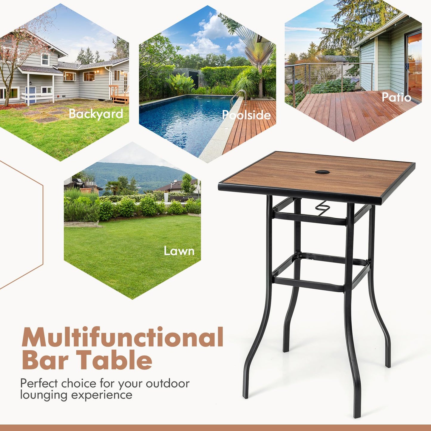 Outdoor Square Tabletop Bar Height Table for Garden Backyard Poolside