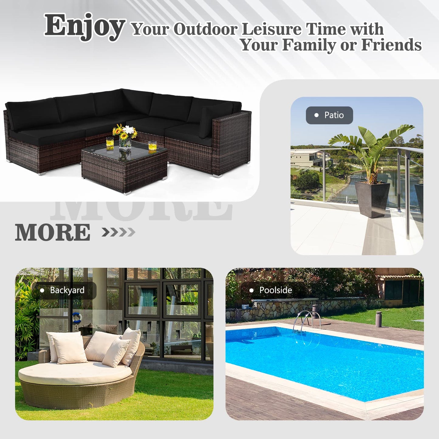 6 PCS Corner Patio Conversation Sofa Set with Tempered Glass Table and Cushions