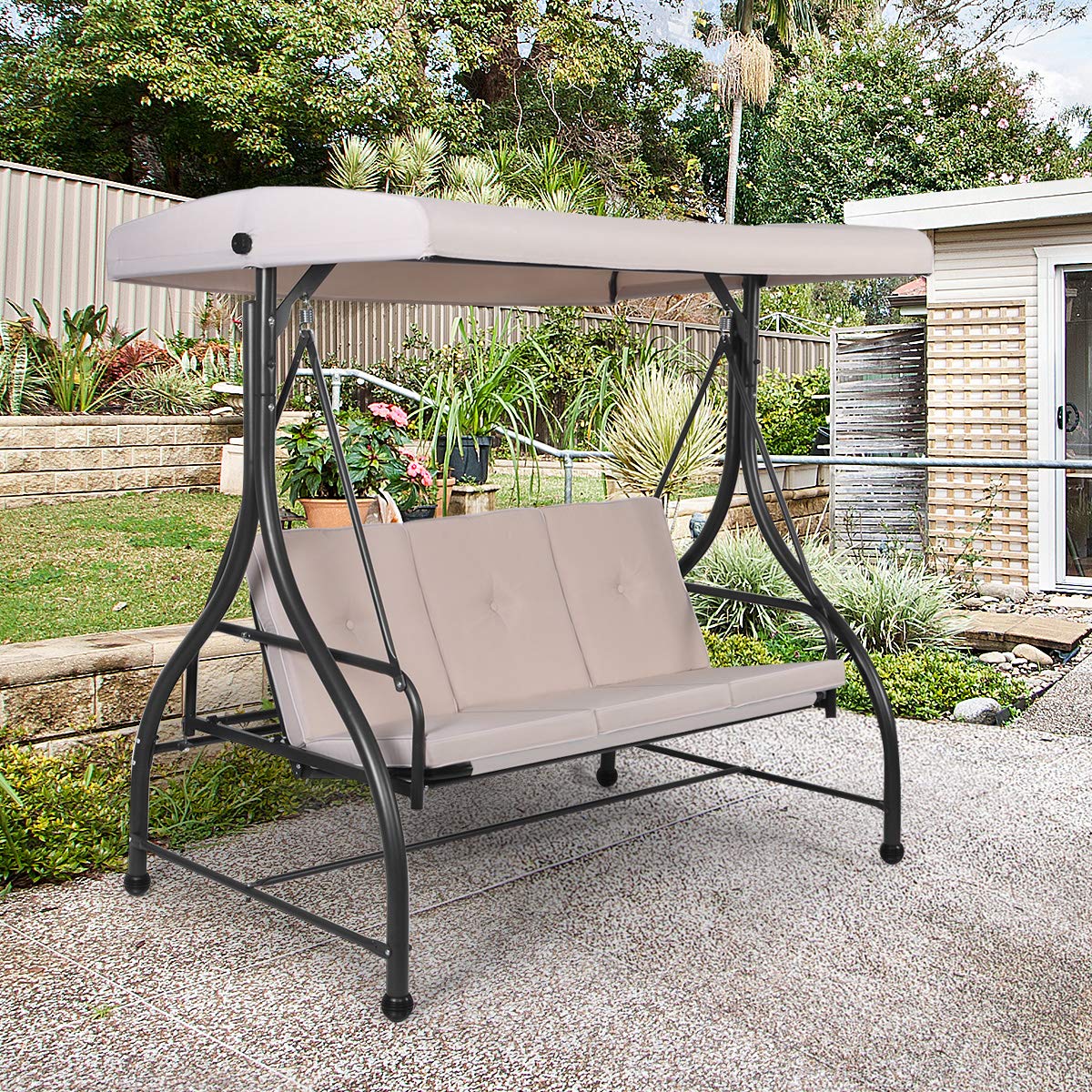 3 Seater Convertible Outdoor Hammock Bench Chair with Adjustable Canopy and Cushions