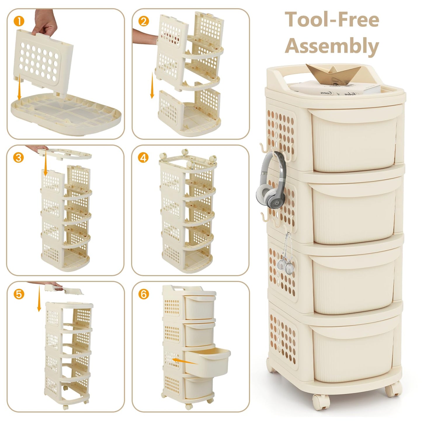 4-Drawer Rolling Plastic Utility Cart with 6 Hooks and Pegboard