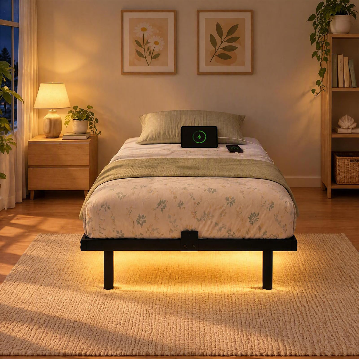 Floating Bed Frame with LED Lights and Charging Station Mattress Slide Stopper