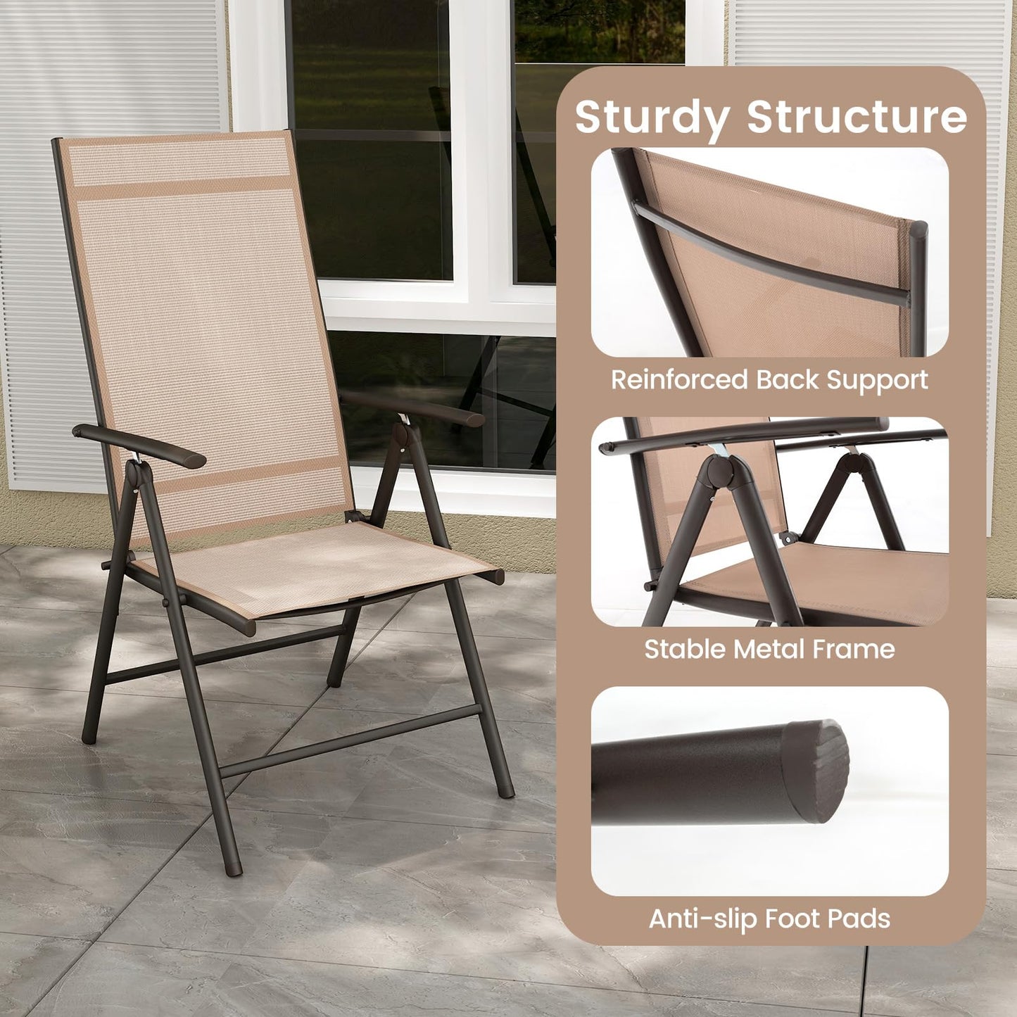 Patio Folding Dining Chairs Outdoor Sling Chairs with 7-Level Adjustable High Backrest