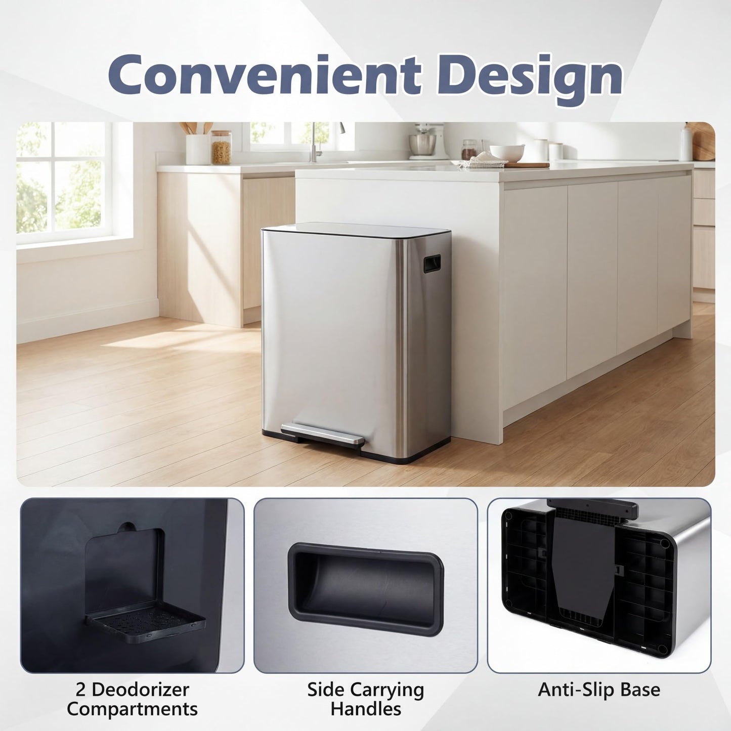 60L Trash Can Stainless Steel Garbage Can with 2 Removable Inner Buckets