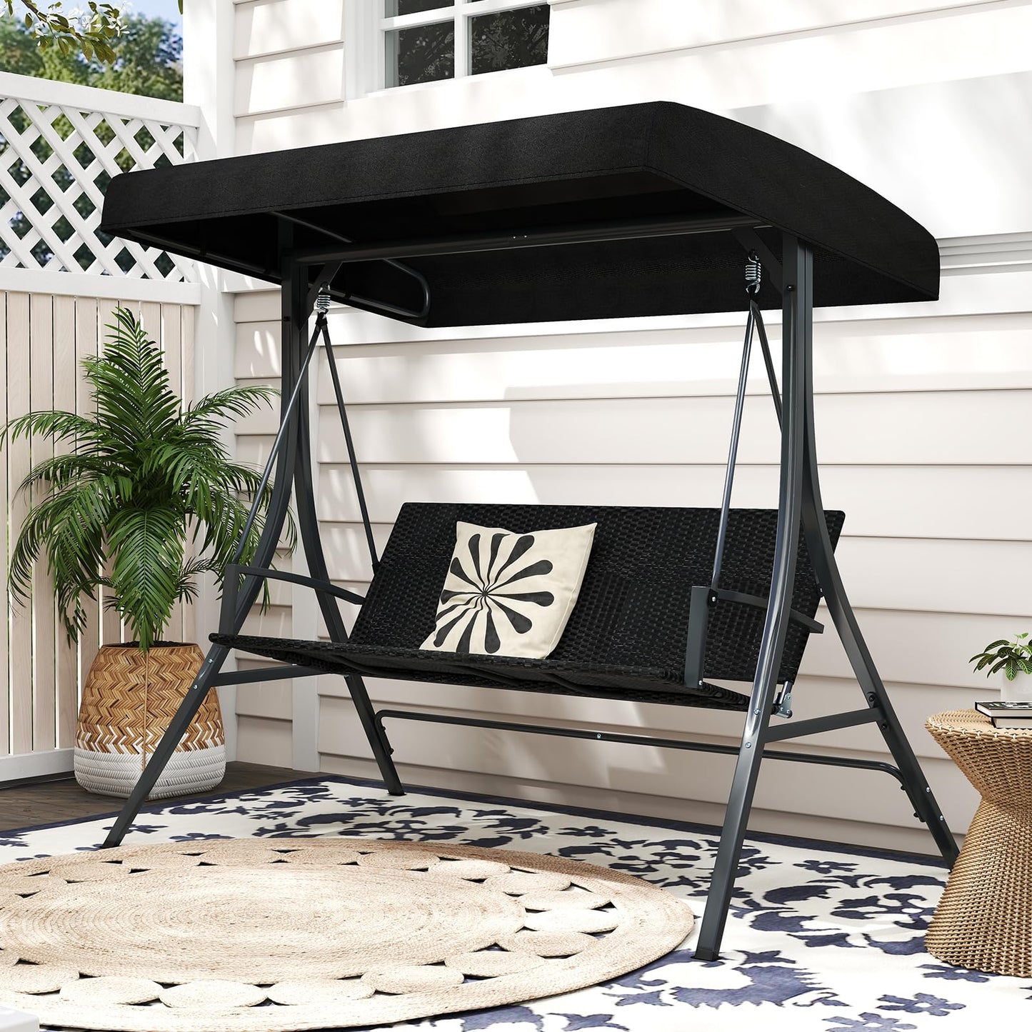 3-Person Porch Swing with Stand Adjustable Canopy Swing with Rattan Seat