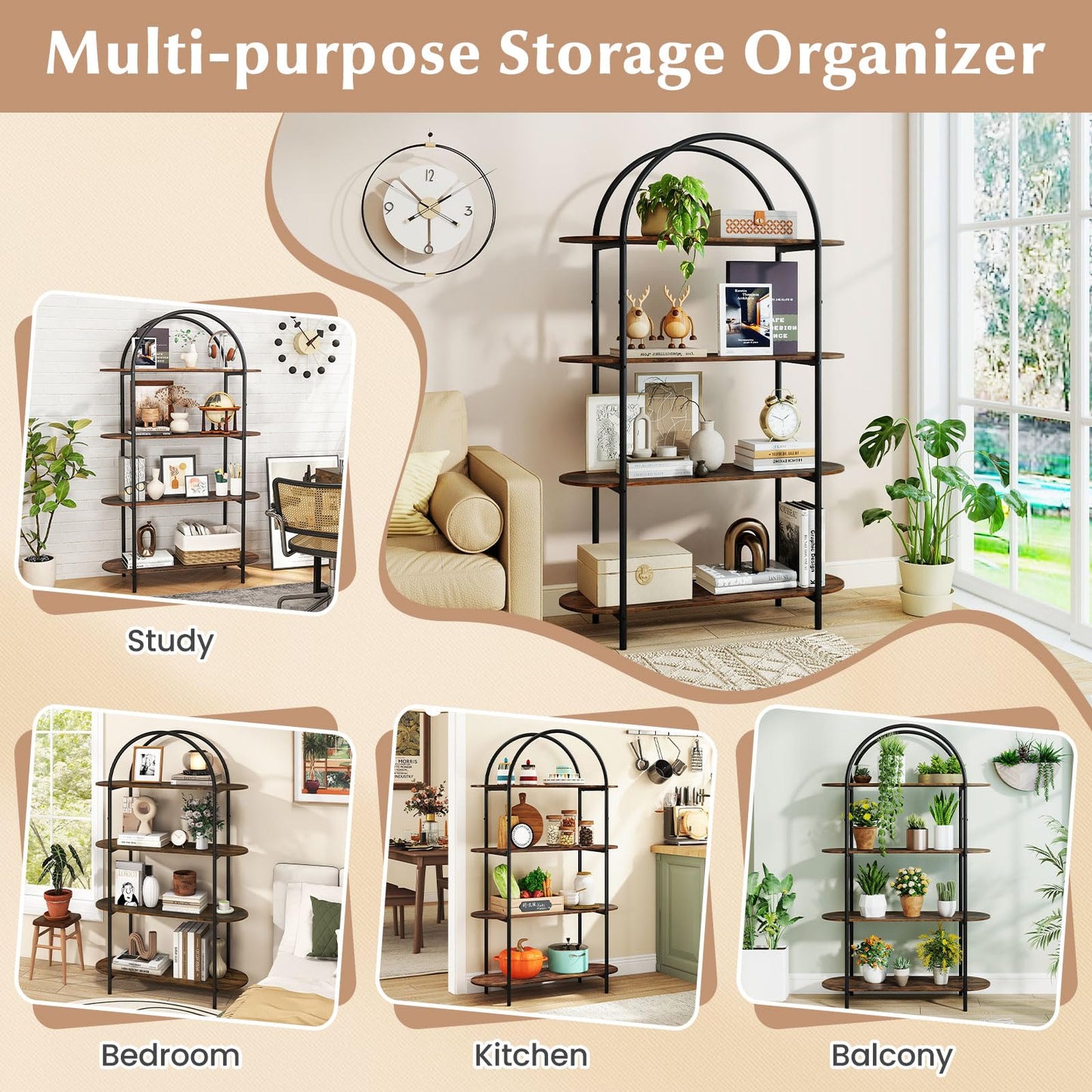 4-Tier Arched Bookshelf, 156cm Metal Frame Bookcase Shelving Unit