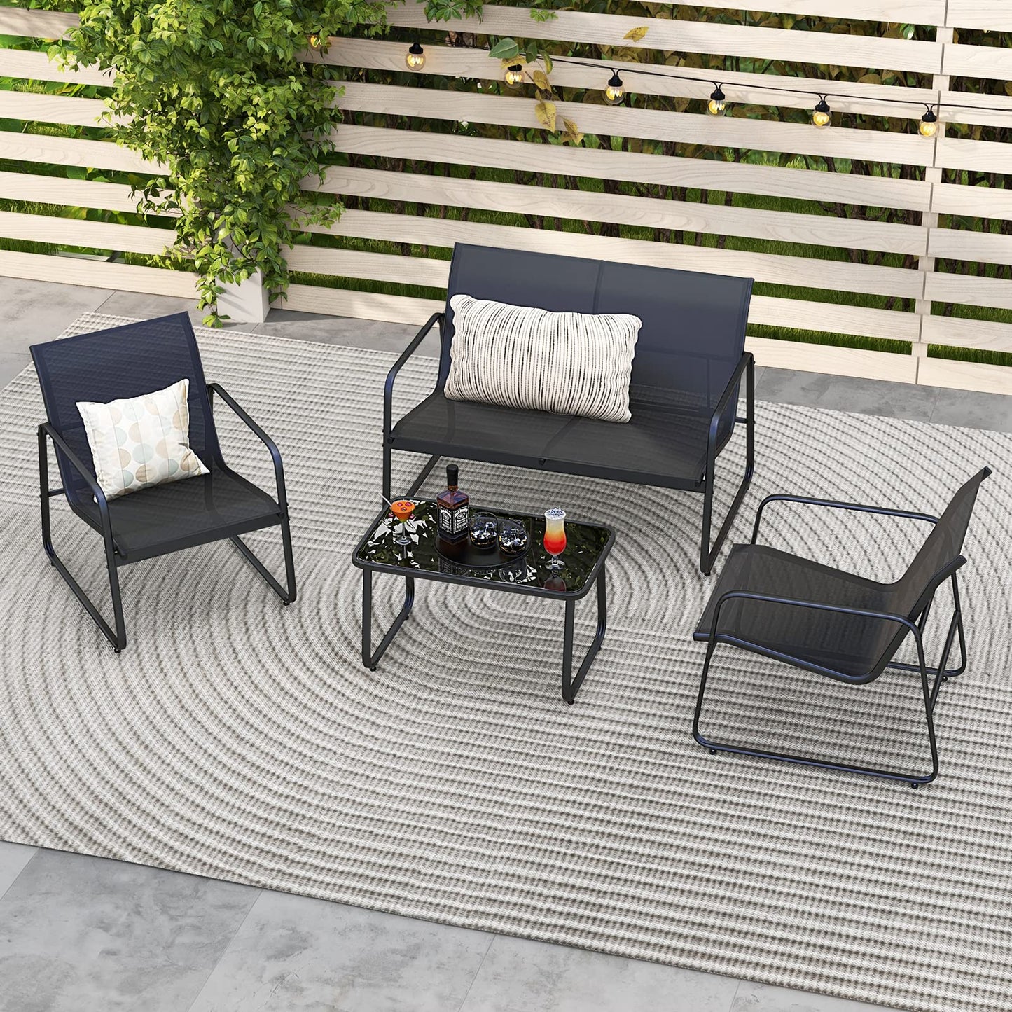 Metal Frame Conversation Set with Loveseat & Glass Coffee Table
