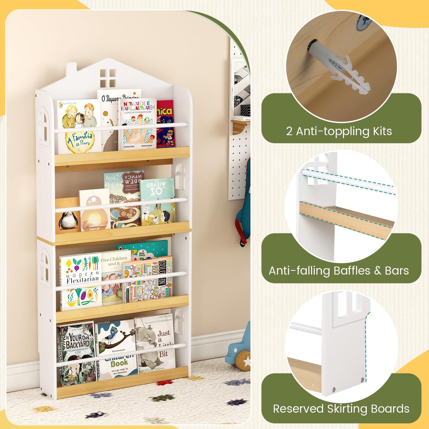 Kids Bookshelf, 4-Tier Book Display Rack with Anti-Falling Baffles