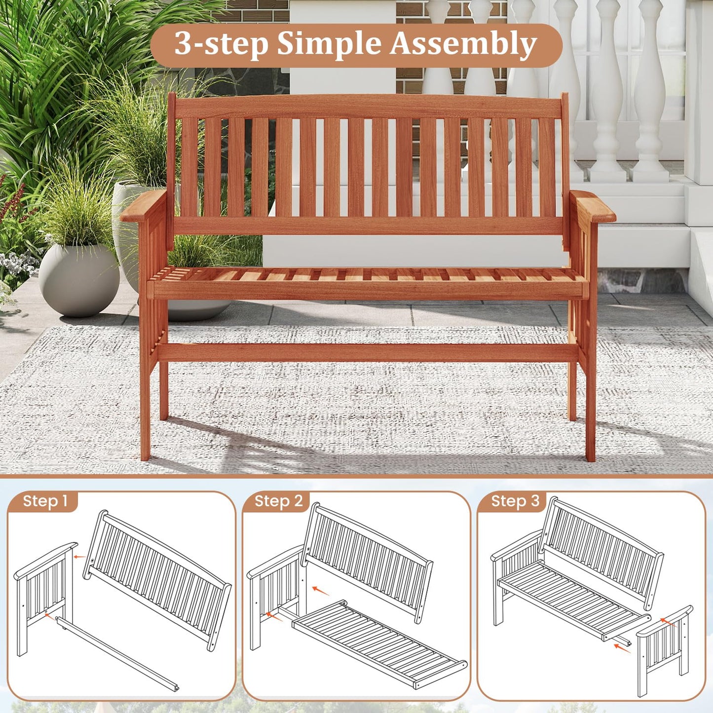 2-Seater Garden Bench, Solid Wood Patio Loveseat Park Bench Chair