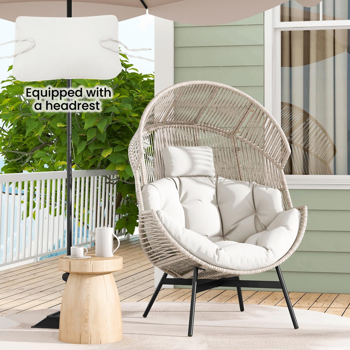 Oversized Wicker Egg Chair with Thick Cushions and Headrest