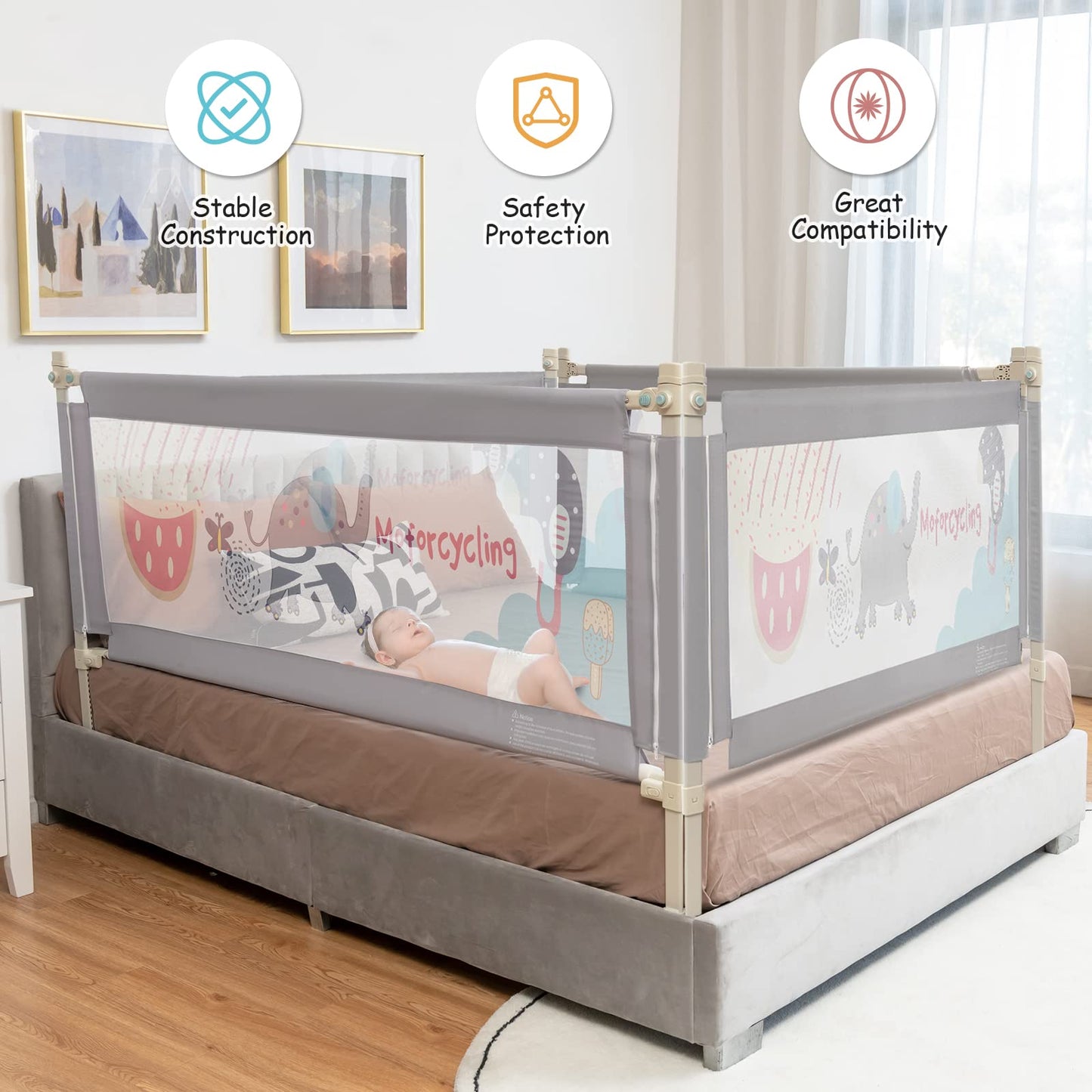 Vertical Lifting Baby Beds Guard with Double Safety Lock