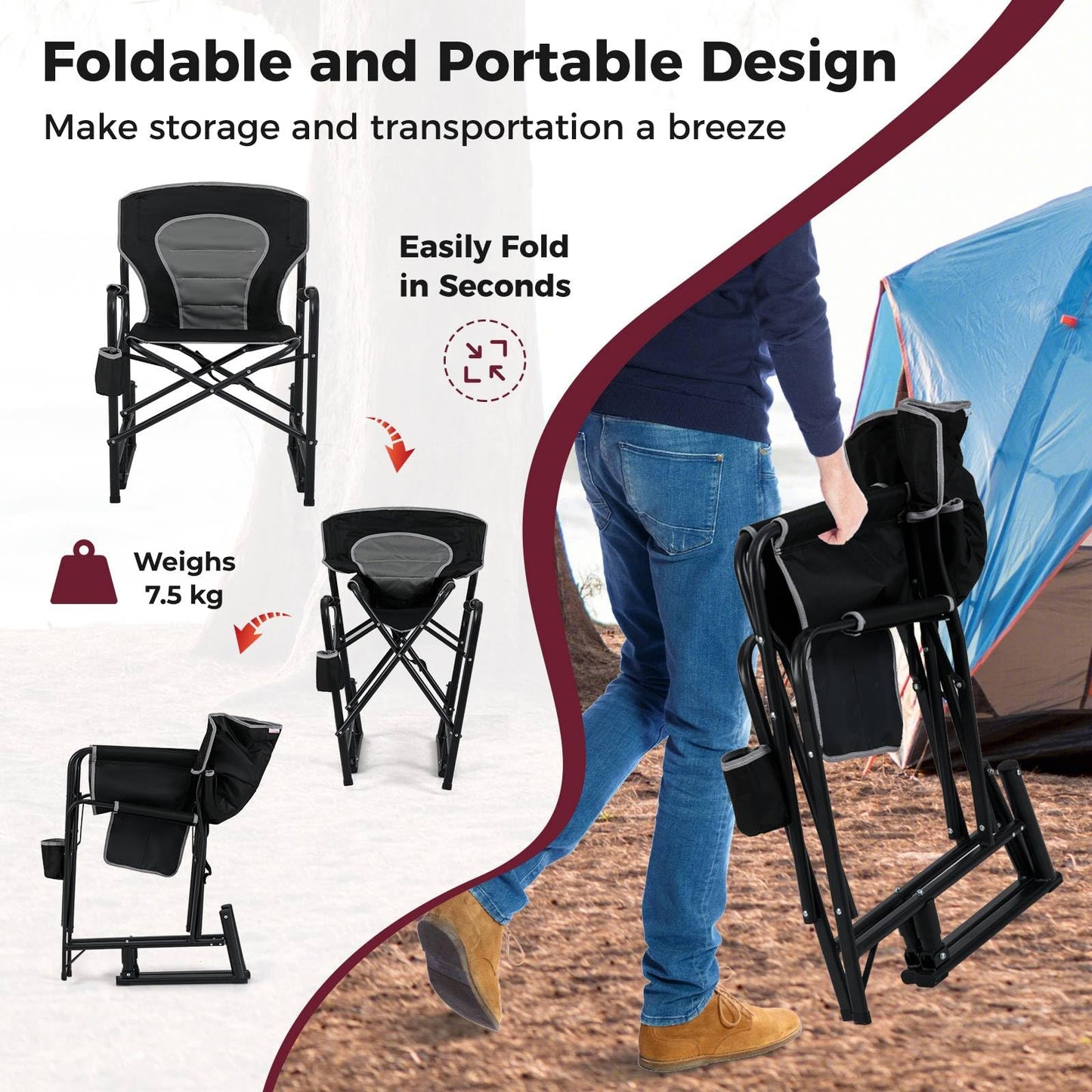 Outdoor Foldable Padded Rocker Camping Chair with Cup Holder