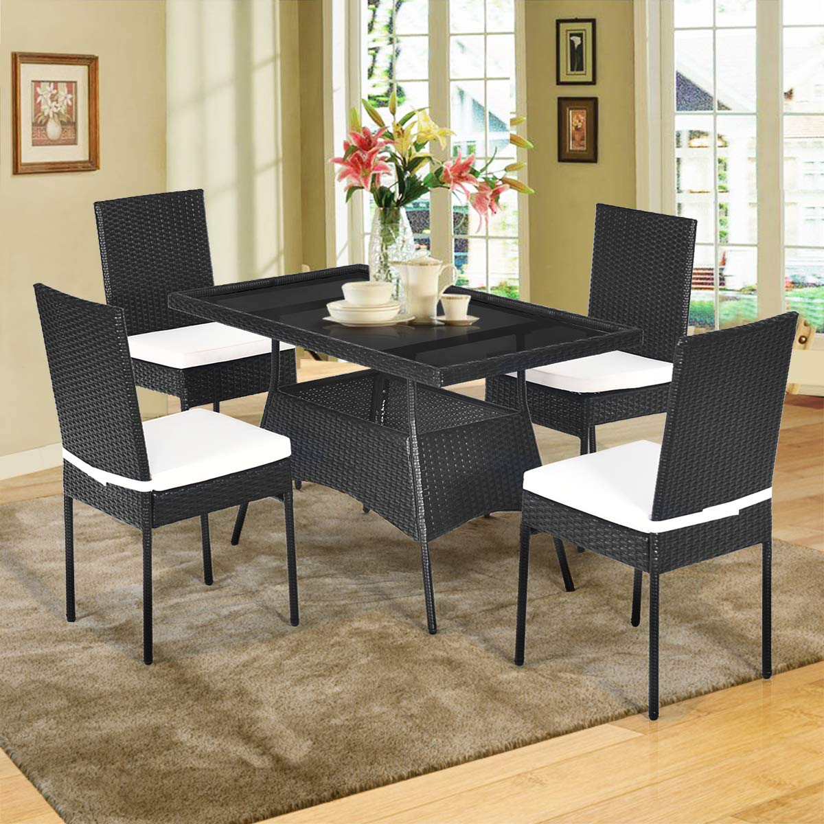 5 pcs Wicker Garden Table and Chairs Set with Tempered Glass Top & Removable Cushions