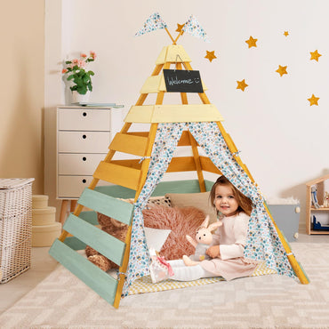 Wooden Play Tent Kids Teepee Tent with Door Curtains for Children 3-8 Years Old