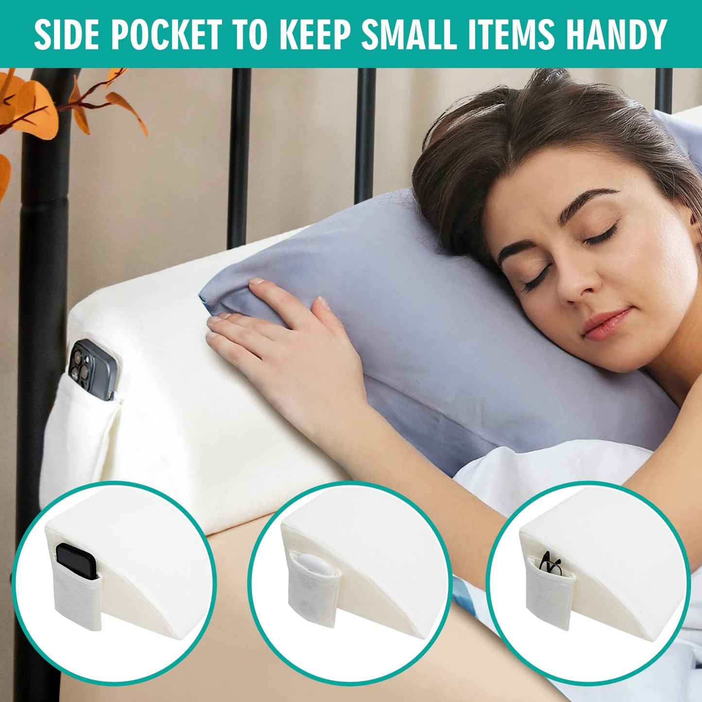 Full/Queen Size Bed Wedge Pillow with Side Pocket