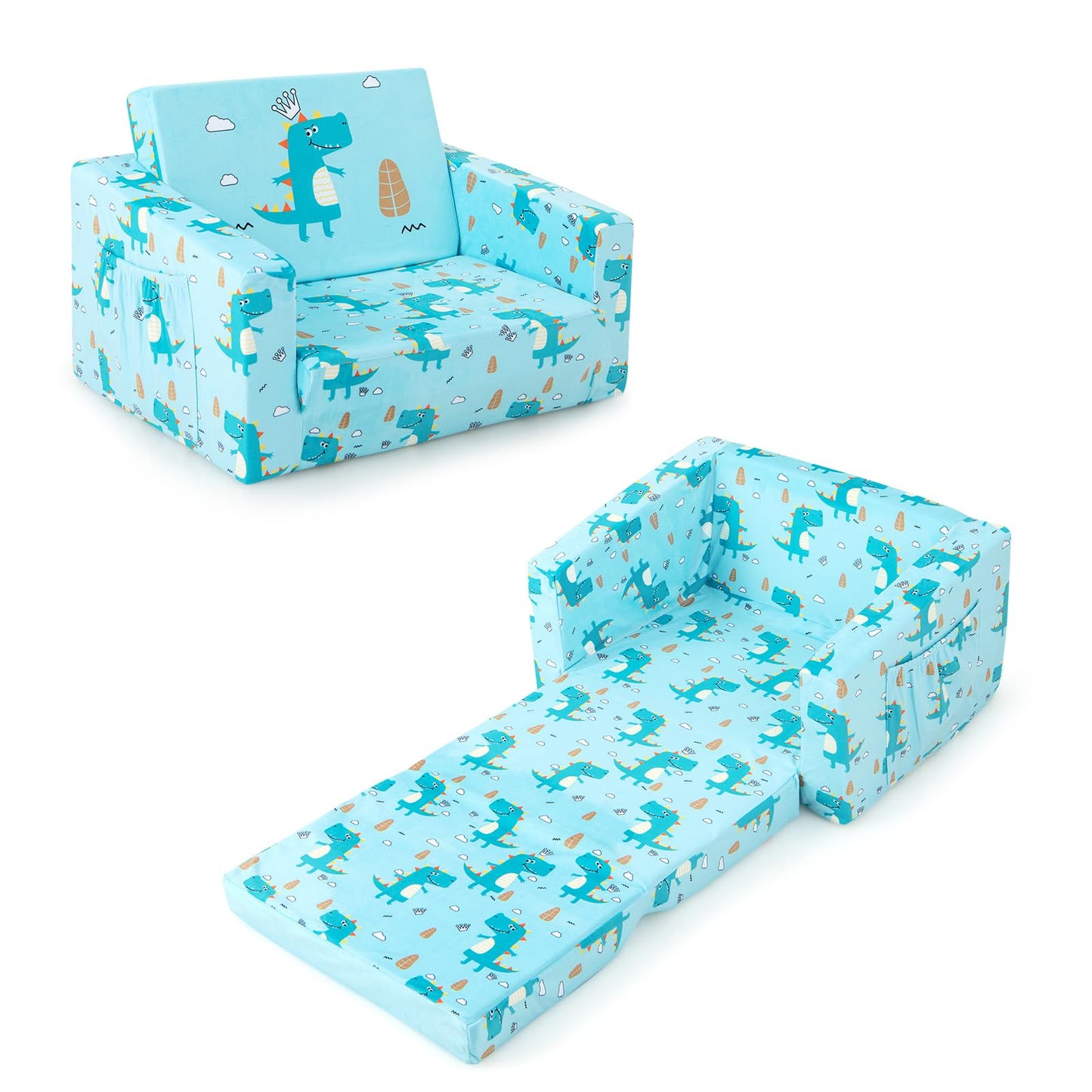 2-in-1 Toddler Sofa Fold-Out Couch Convertible with Side Pockets