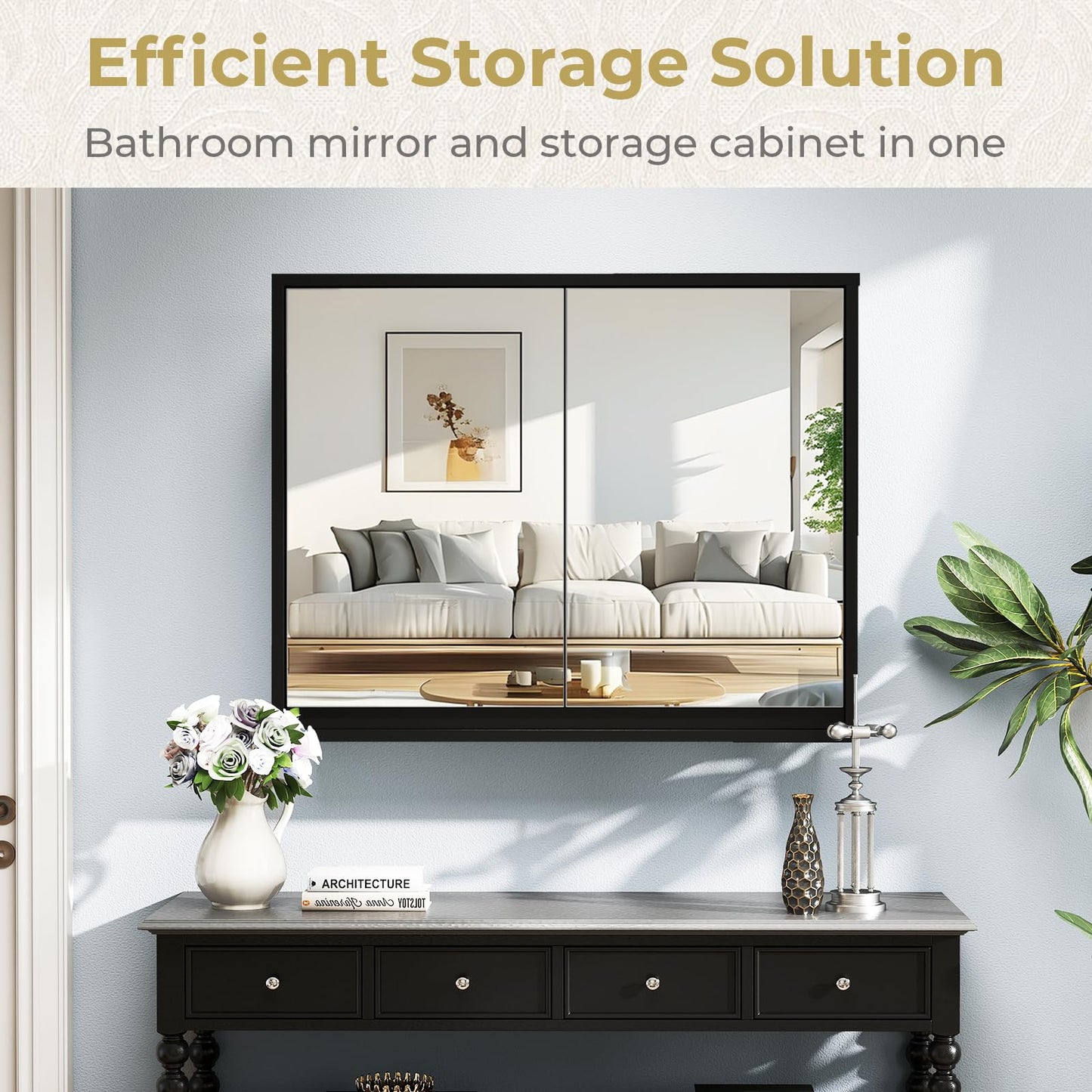 Double Mirrored Door Cabinet with Storage Shelf for Bathroom