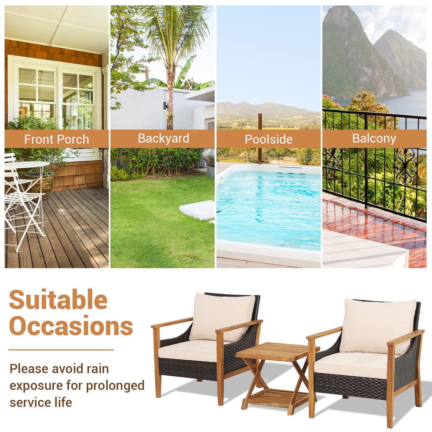 3 PCS Acacia Wood Garden Table and Chairs Patio Sofa Set with Coffee Table and Cushions