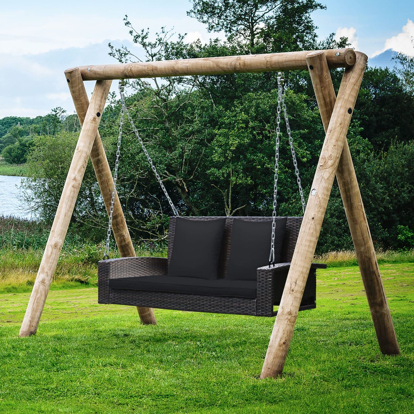 2-Seat Patio Rattan Porch Swing with Two Solid Steel Chains