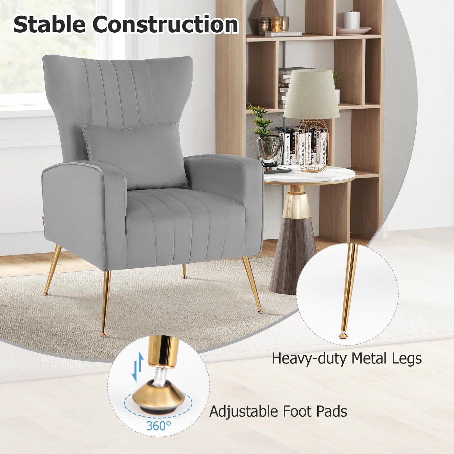 Velvet Upholstered Wingback Chair with Lumbar Pillow and Golden Metal Legs