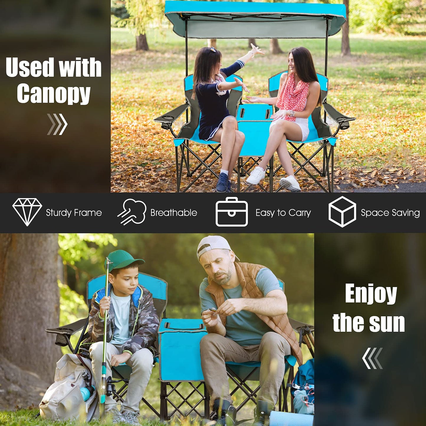 Outdoor Portable Double Folding Camping Chair with Canopy