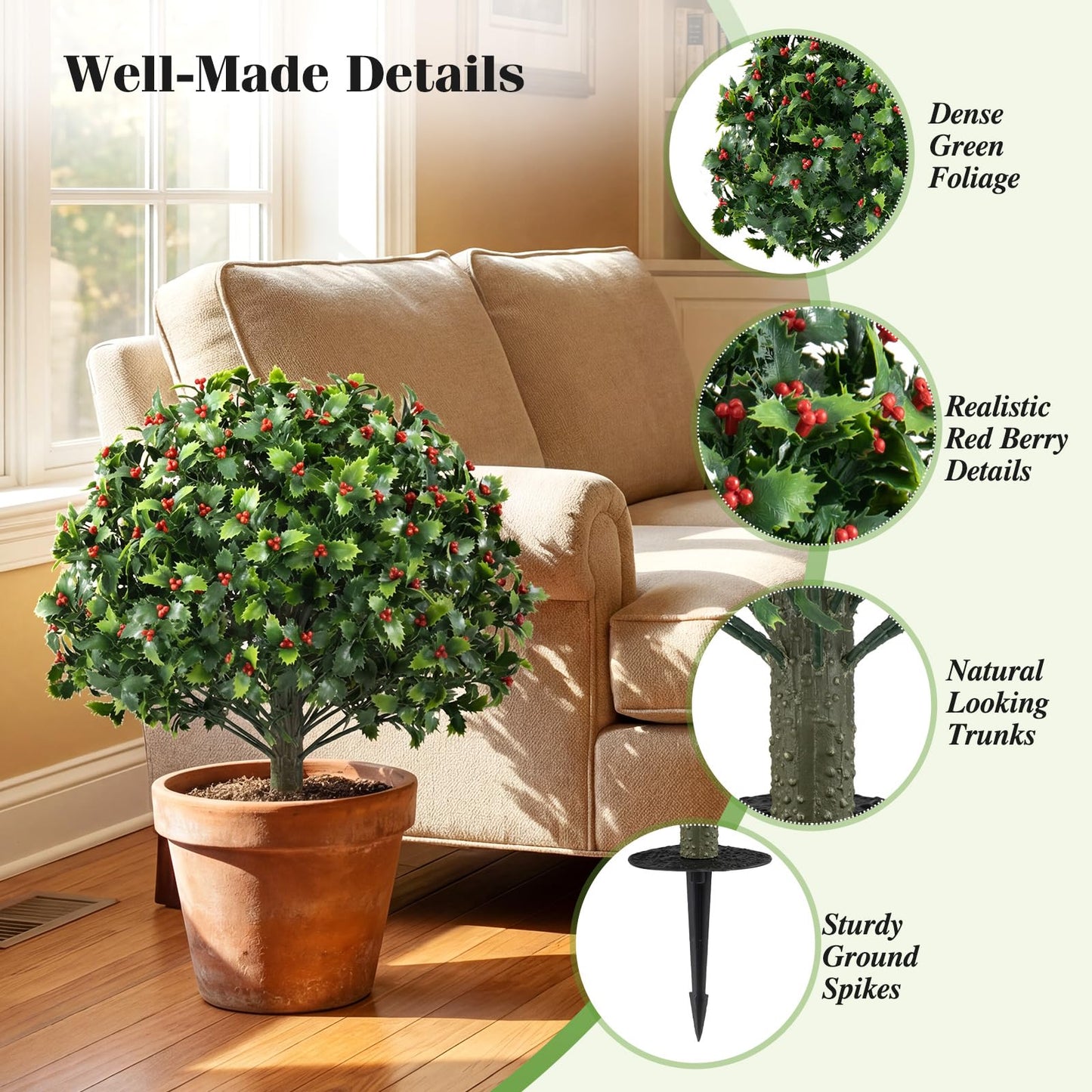 Set of 2 Faux Shrub Bushes with Ground Spikes (Red Berry)