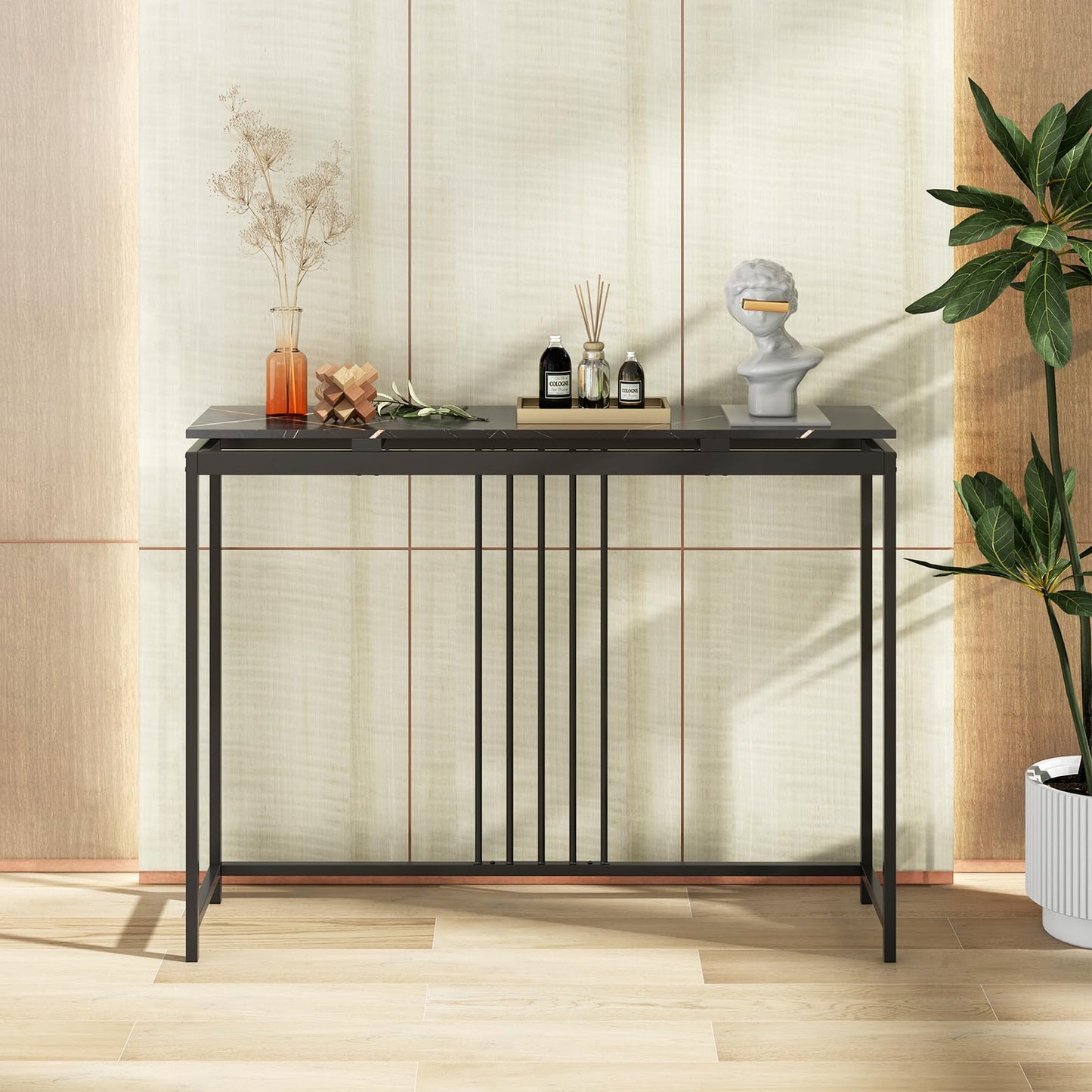 Narrow Console Table 120cm Long Hallway Table with Metal Frame & Faux Marble Top