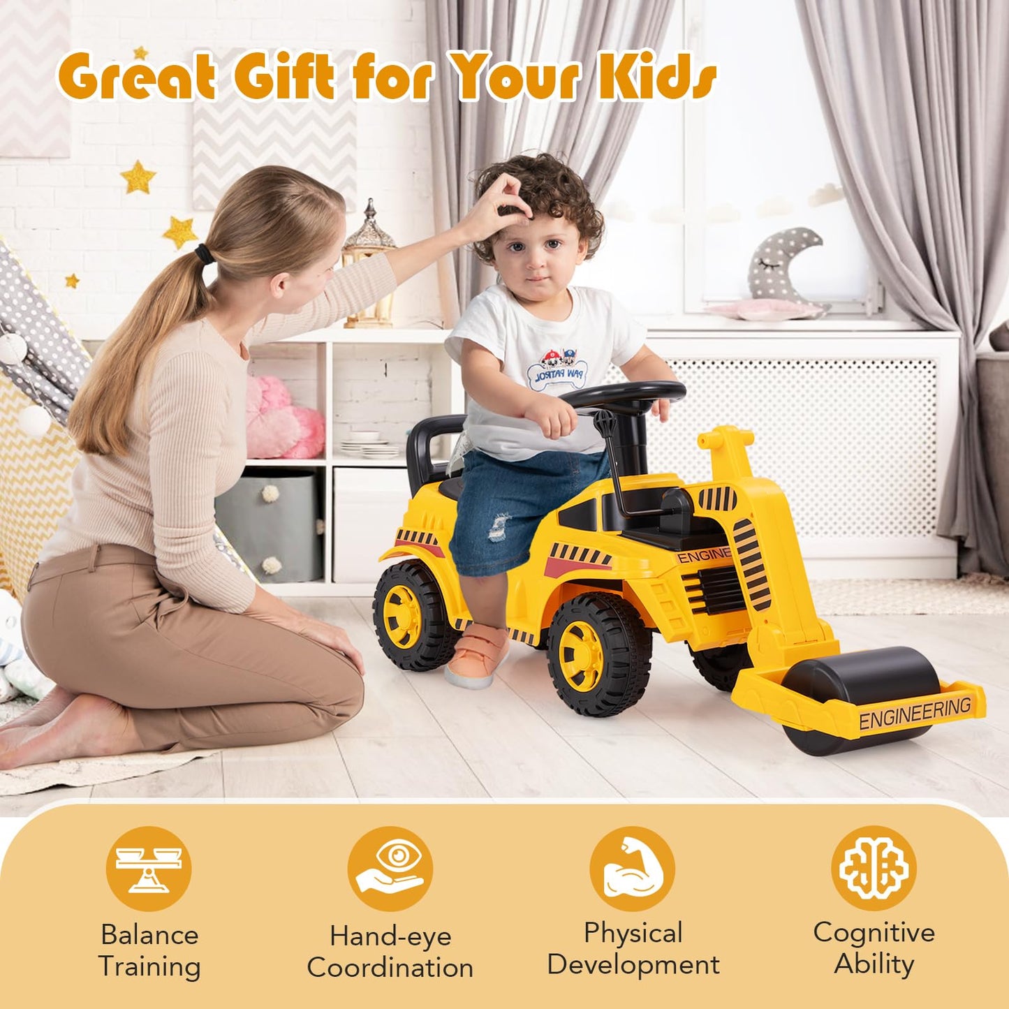 Kids Ride on Road Roller with Adjustable Roller and Anti