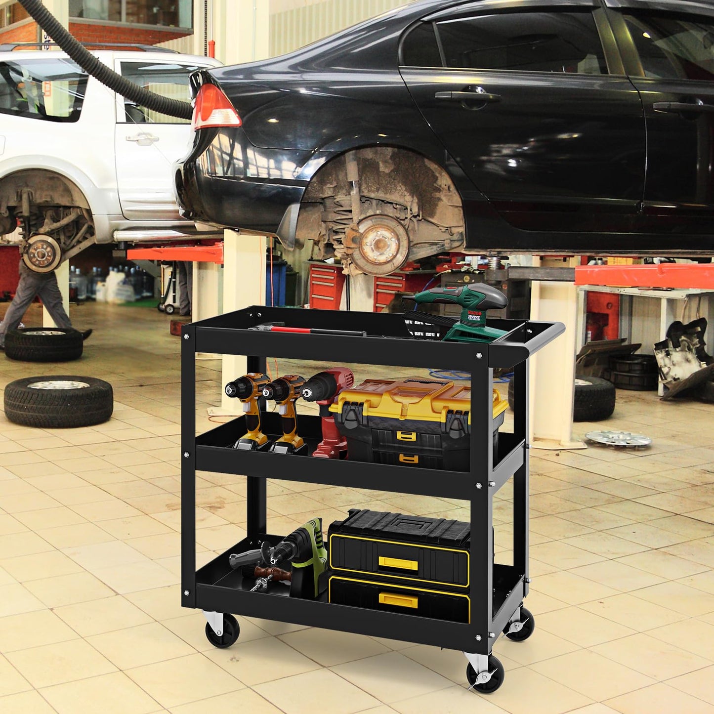 3-Tier Tool Trolley with Handle and Lockable Wheels