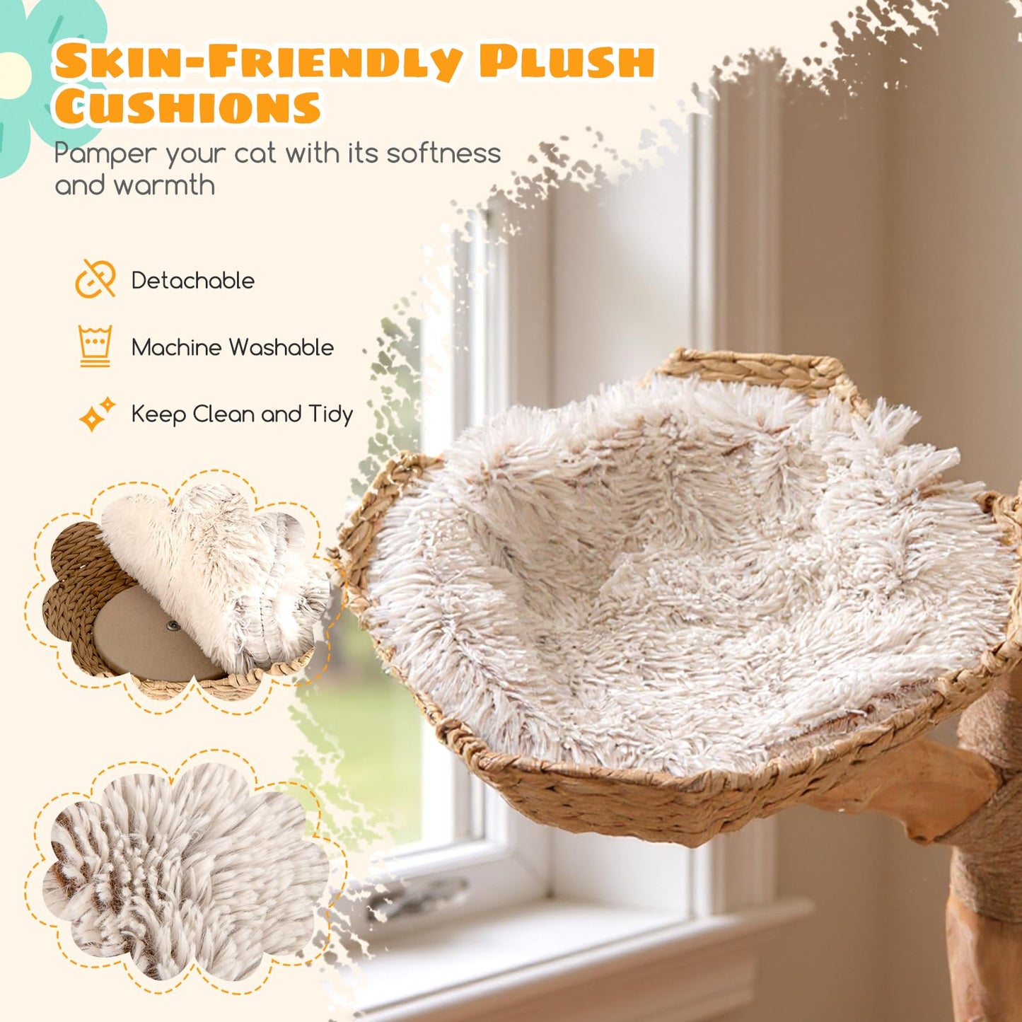 122 CM Tall Real Wood Branch Kitten Tower with Flower Perch and 2 Wicker Baskets