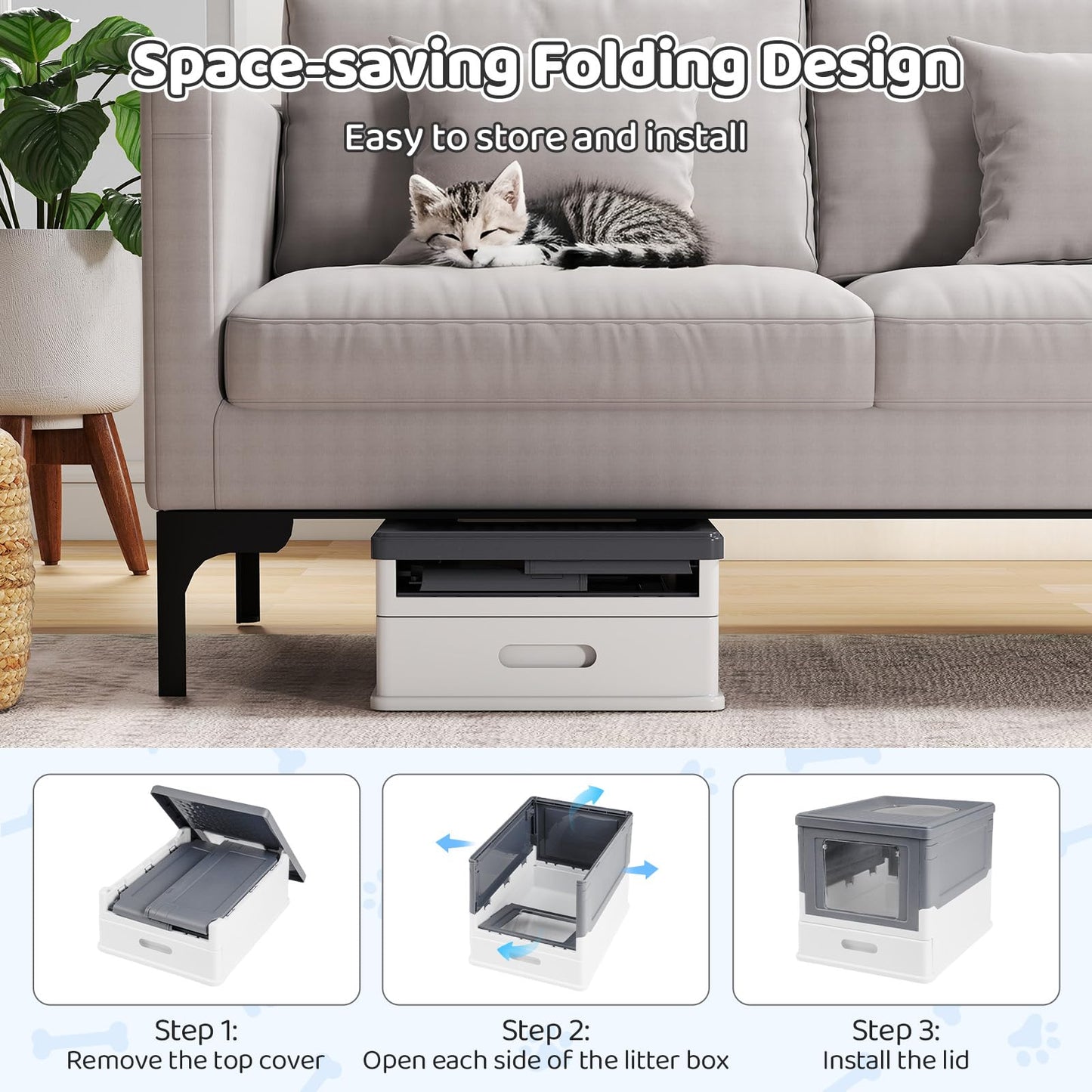 Cat Litter Box, Foldable Hooded Litter Tray with Lid, Flip Top Exit