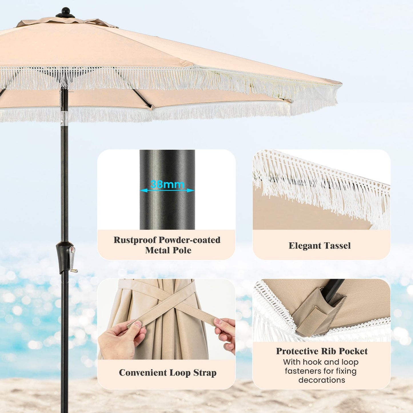 9FT Garden Parasols with Fringe with Push Button Tilt