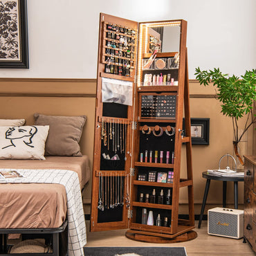 360 Degree Mirrored Jewelry Armoire with 3 Color Auto on LED Lights