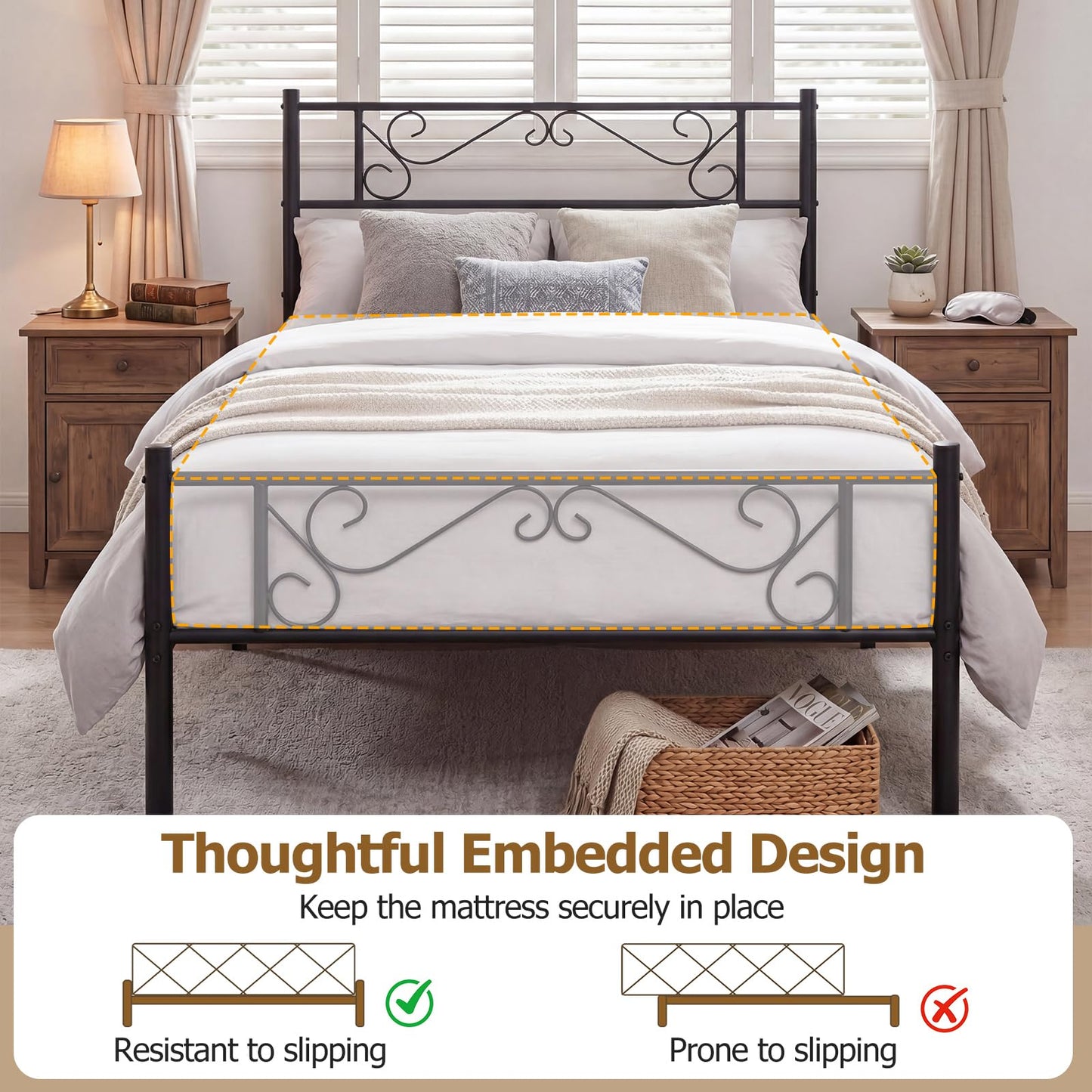 3ft Single Bed Frame, Metal Platform Bed Base with Floral Headboard