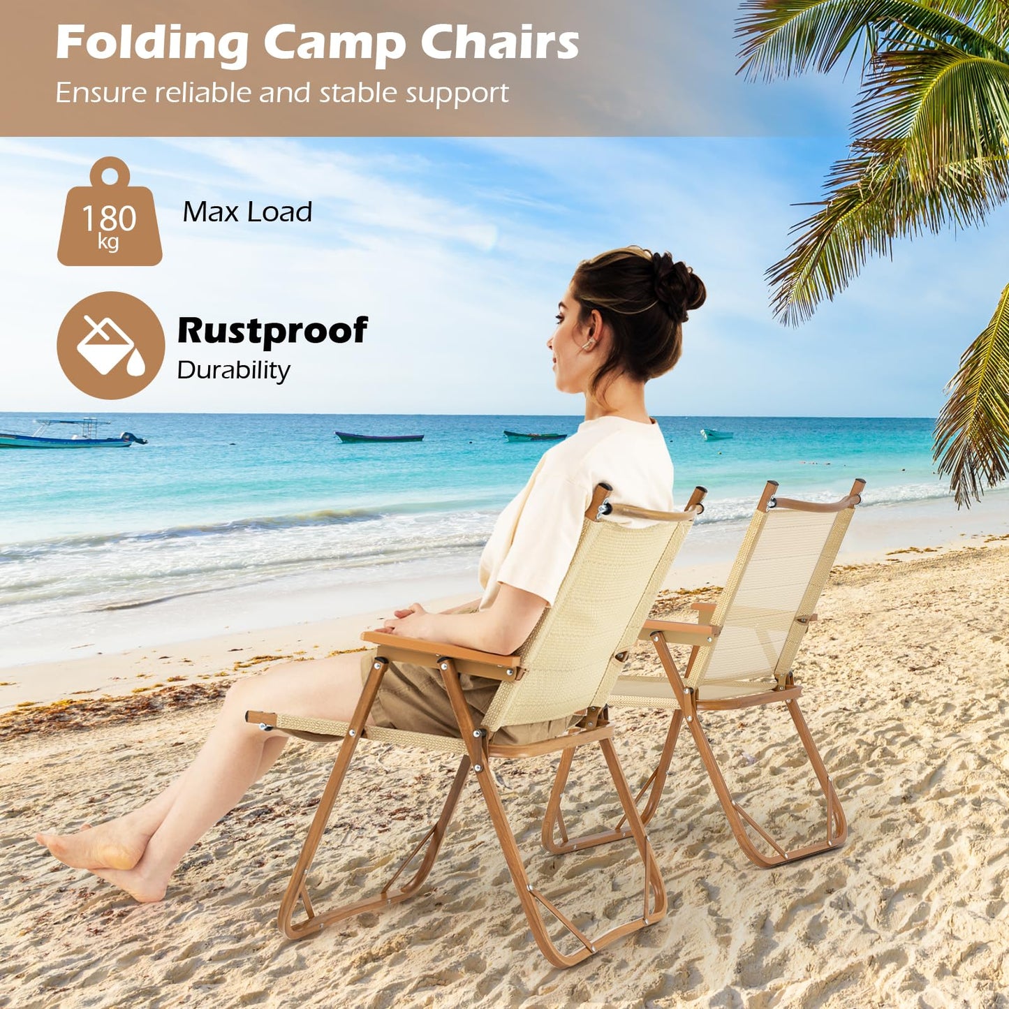 Set of 2 Portable Beach Chairs for Adults with Armrests