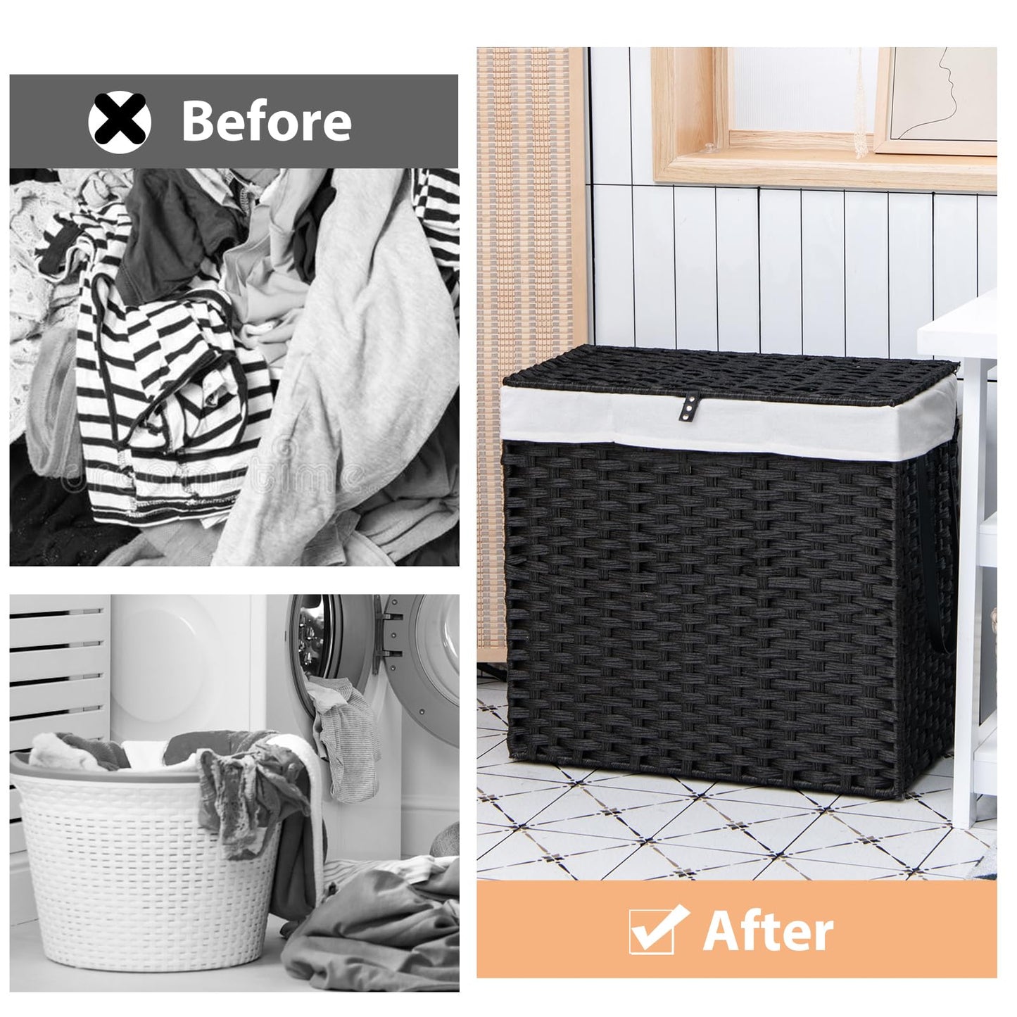 Laundry Hamper with Lid and Wheels and 2 Removable and Washable Liner Bags
