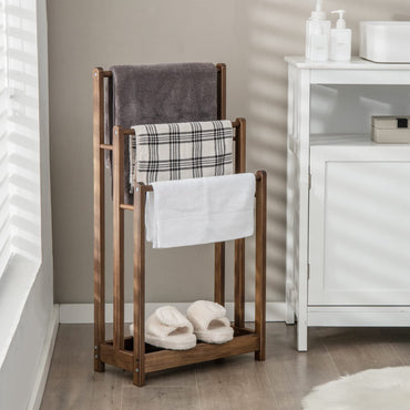 Solid Wood Towel Holder Drying Stand with 3 Towel Rails and Storage Shelf