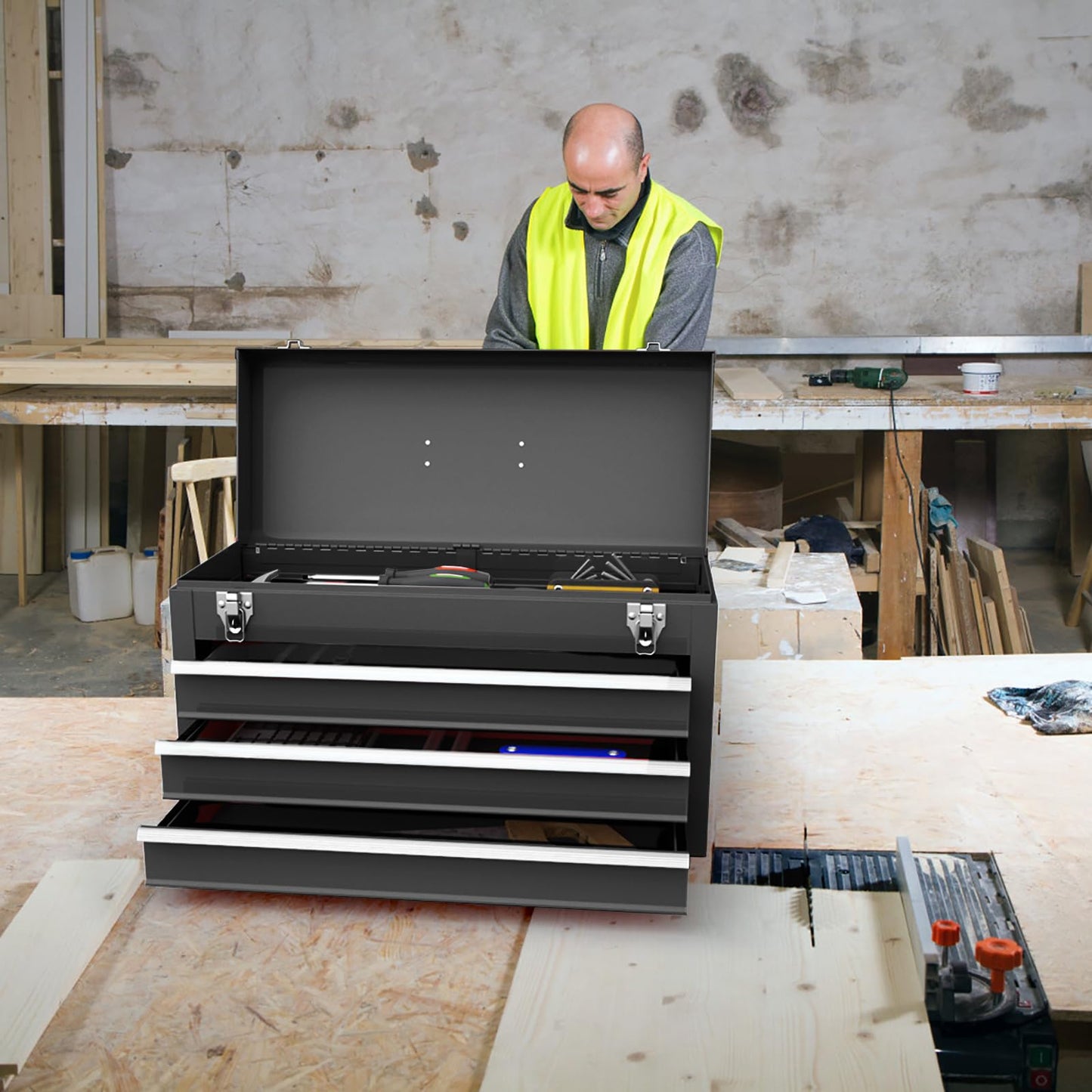 Portable Steel Tool Box with 3 Drawers and Top Storage Tray