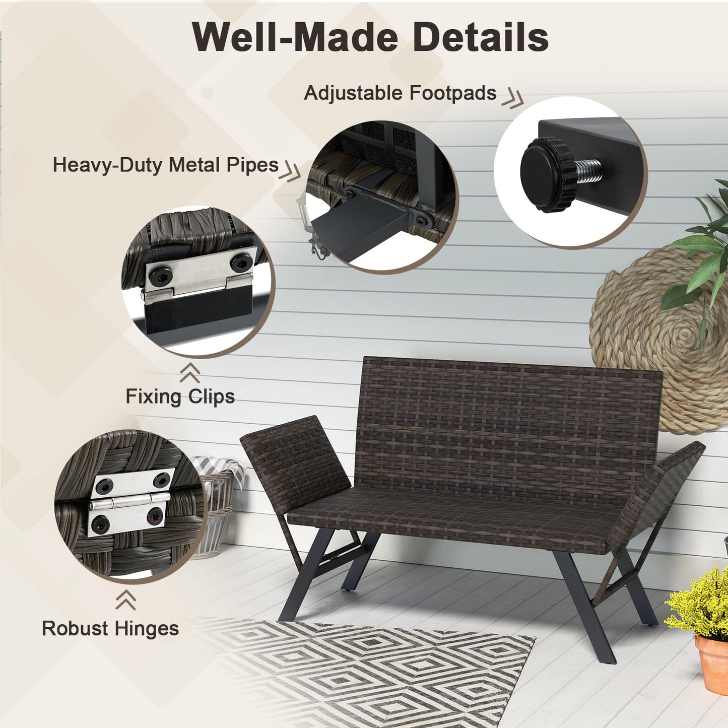 Convertible Rattan Daybed Patio Chaise Lounge Chair with Adjustable Armrests