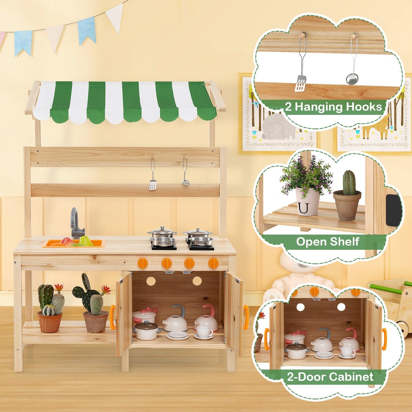 Wooden Outdoor Kitchen Playset with 4 Stoves