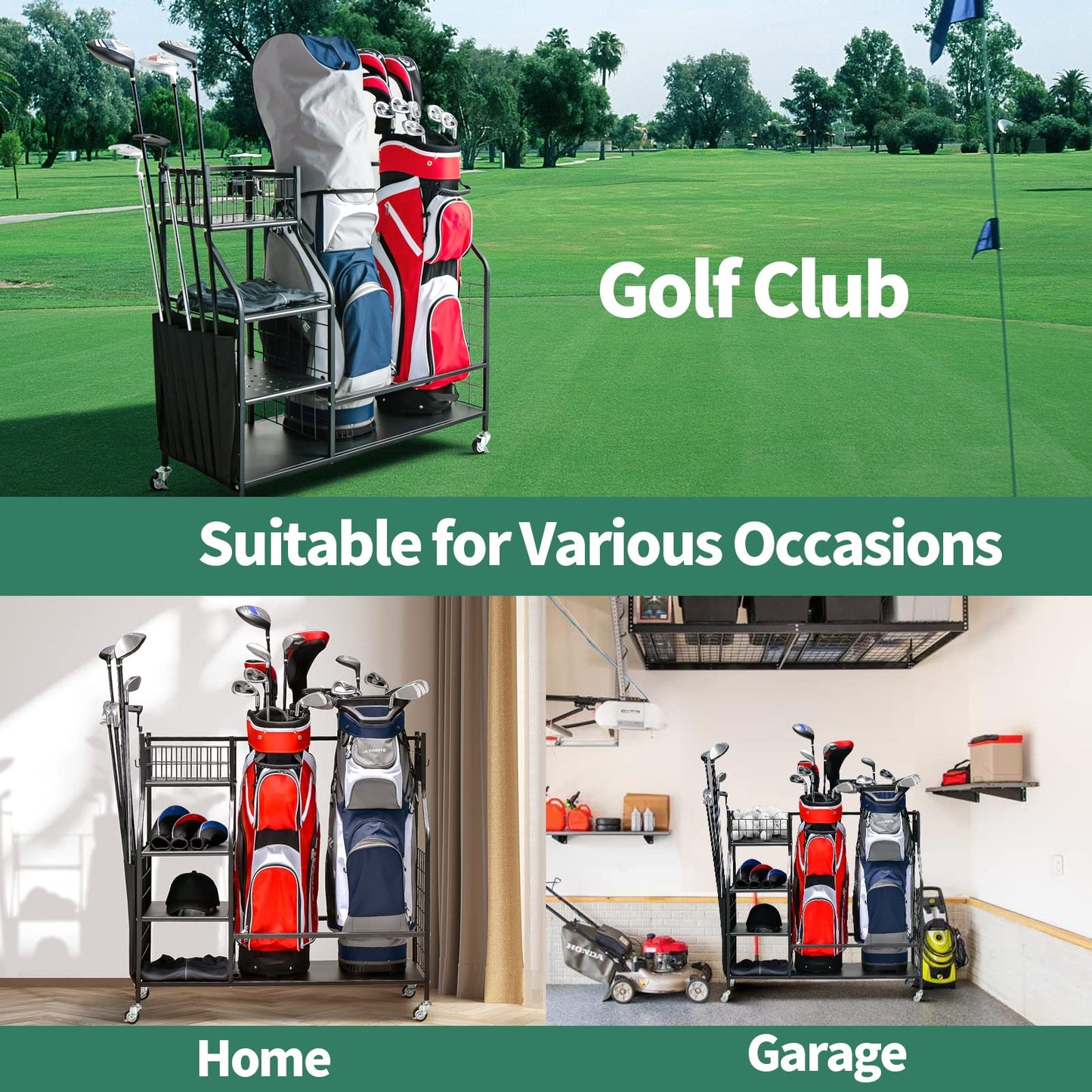 Double Golf Bag Storage Rack for Garage with Lockable Universal Wheels
